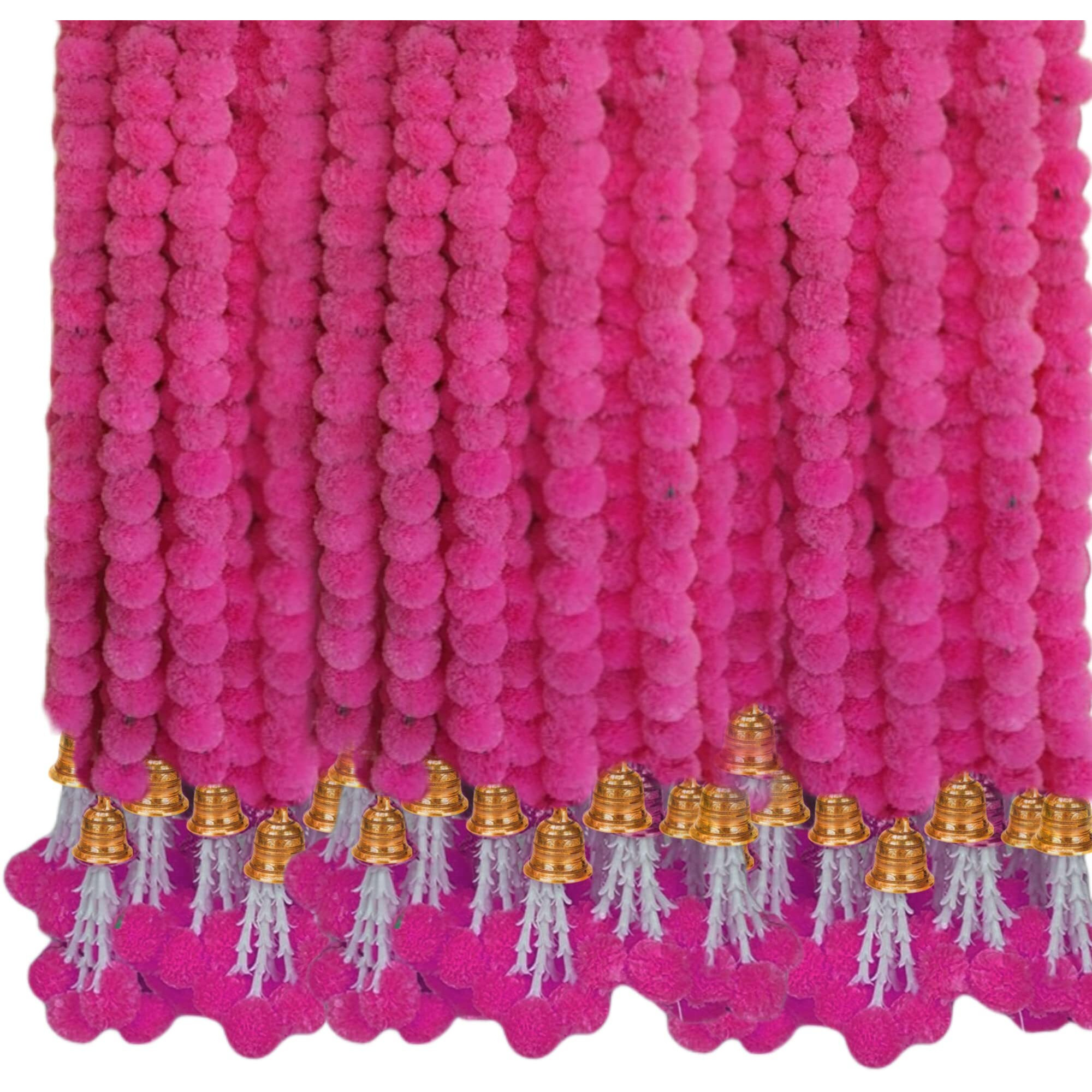 ABHAAS 10ps Handmade Artificial Marigold Flower Garland for Door Decoration Toran Genda Phool for Wedding/Festivals Diwali Christmas with Bells and Rajnignadha (Pink/ 5 ft/10pc)