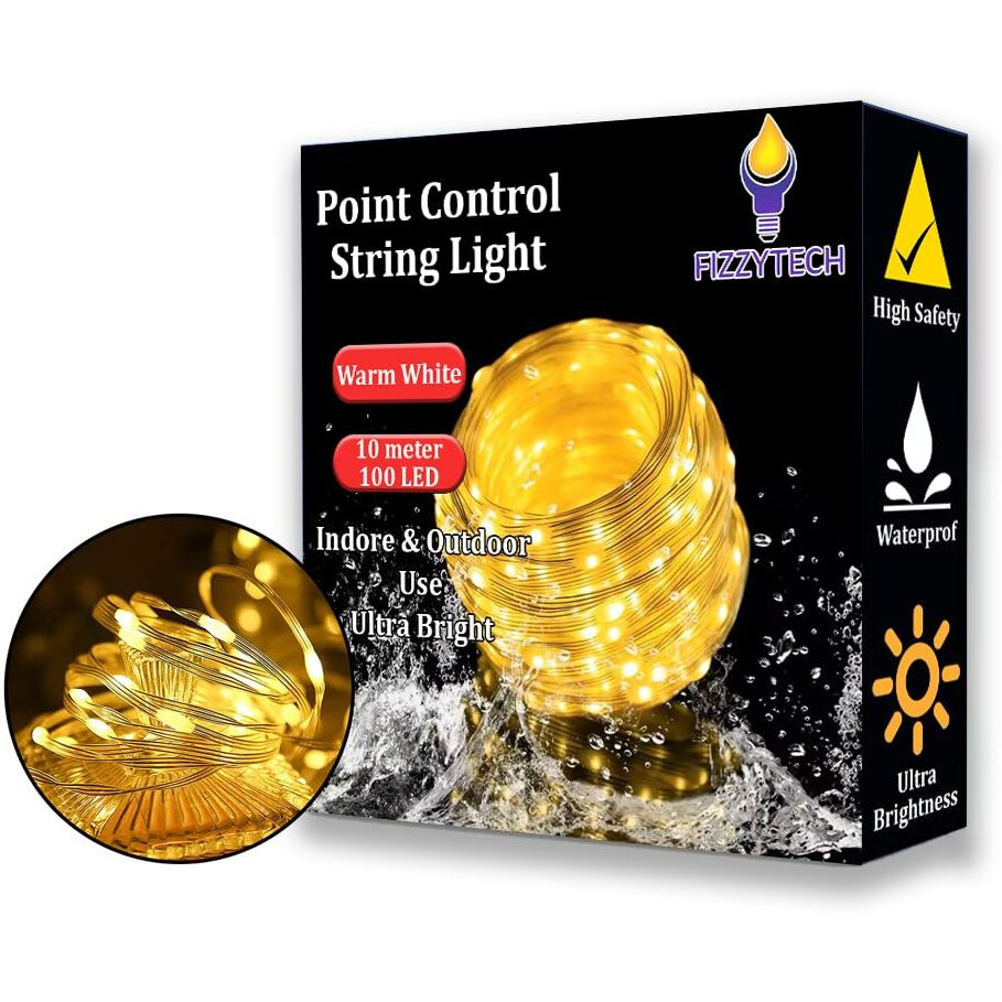 fizzytech Point Control 100 LED Warm White String Lights - 10 Meter Remote-Controlled for Parties, Birthdays, Diwali, Christmas, Navratri, and Lights of Home Decoration