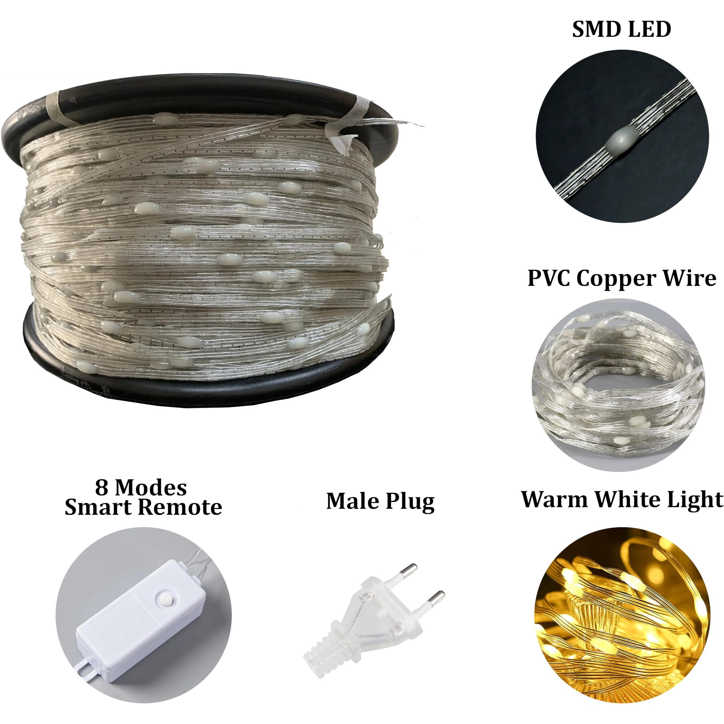 fizzytech Point Control 150 LED Warm White String Lights - 15 Meter Remote-Controlled for Parties, Birthdays, Diwali, Christmas, Navratri, and Lights of Home Decoration