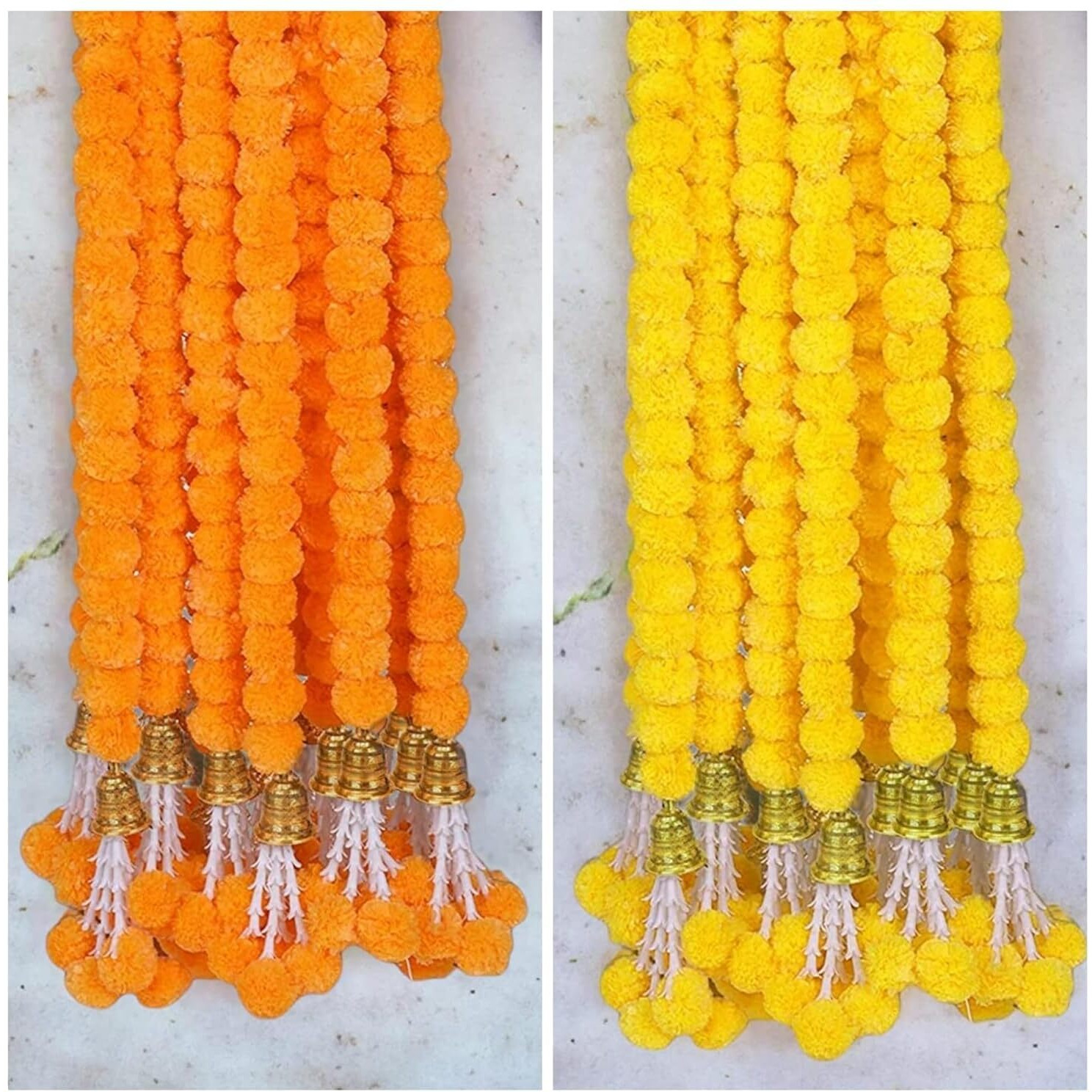 ABHAAS Hand-Crafted Artificial Marigold Garland Toran Hanging Gendha Thonaram for Diwali Festivals with Bells & Rajnignadha ((5y+5o) RJ, Set of 10)