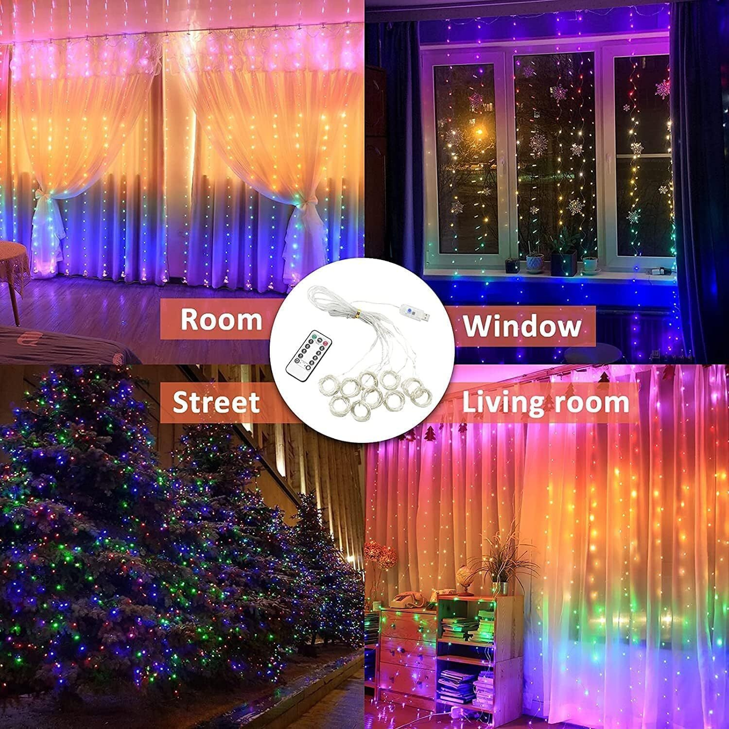 The Purple Tree Multicolor Fairy Curtain Light (300 LED, 10 Strings, 3x3 Mtr) Indoor Outdoor Decoration for Diwali, Christmas, Party, Home, Patio with Remote and USB Power Supply, Best Diwali Lights