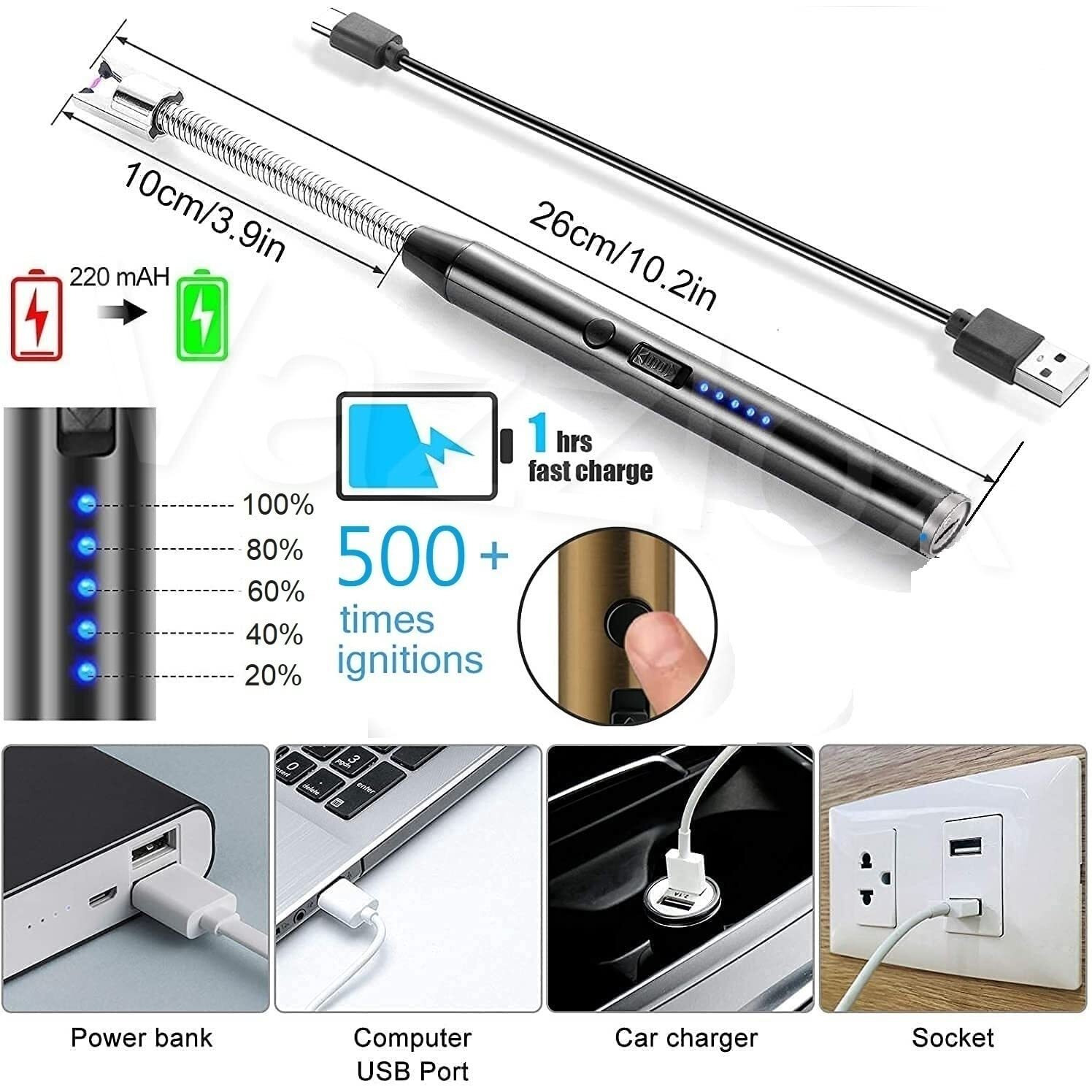 VazzLox Electric Lighter for Candles Rechargeable Electric Gas Lighter for Home Use Candle Lighter Plasma Lighter Flameless Windproof USB Lighter 360 Flexible Neck Arc Lighter for Diwali Fireworks