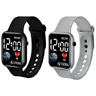 ZOVUTA Square Shape Dial Colorful Smart Looking Digital led Combo Watch for Kids - Fully Waterproof Sportswatch Display- Best Gift for Diwali and Birthday-Date and Time Function Only - (Black & Grey)