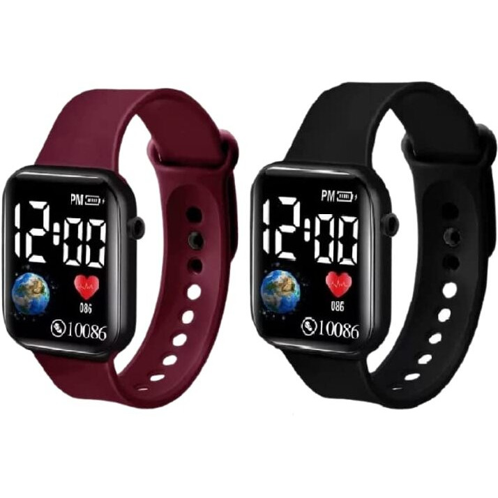 Zovuta Square Shape Dial Colorful Smart Looking Digital led Combo Watch For Kids Baby Boys and Girls- Fully Waterproof Sportswatch Display- Best Gift for Diwali and Birthday-Date and Time Function Only (For Age 4-15 Years) - (Combo, Maroon & Black)