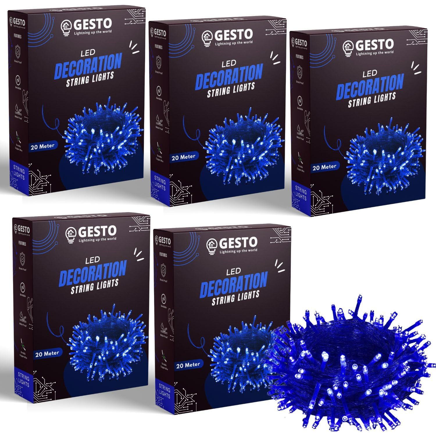 Gesto Blue Led Serial lights for decoration - String lights for home decoration,Fairy Lights | Christmas, Diwali Decoration Lights for balcony | Copper Wire Pixel Light (20 meter | Pack of 5)