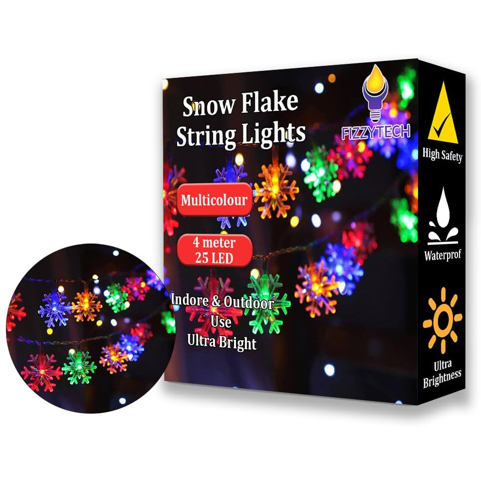 fizzytech Plastic Snow Flake String Lights Of Home Decoration Diwali Light For Party Birthday Diwali Christmas Navratri Valentine Gift And Lights Of Home Decoration (4 Meter 25 Led, Multiclour)