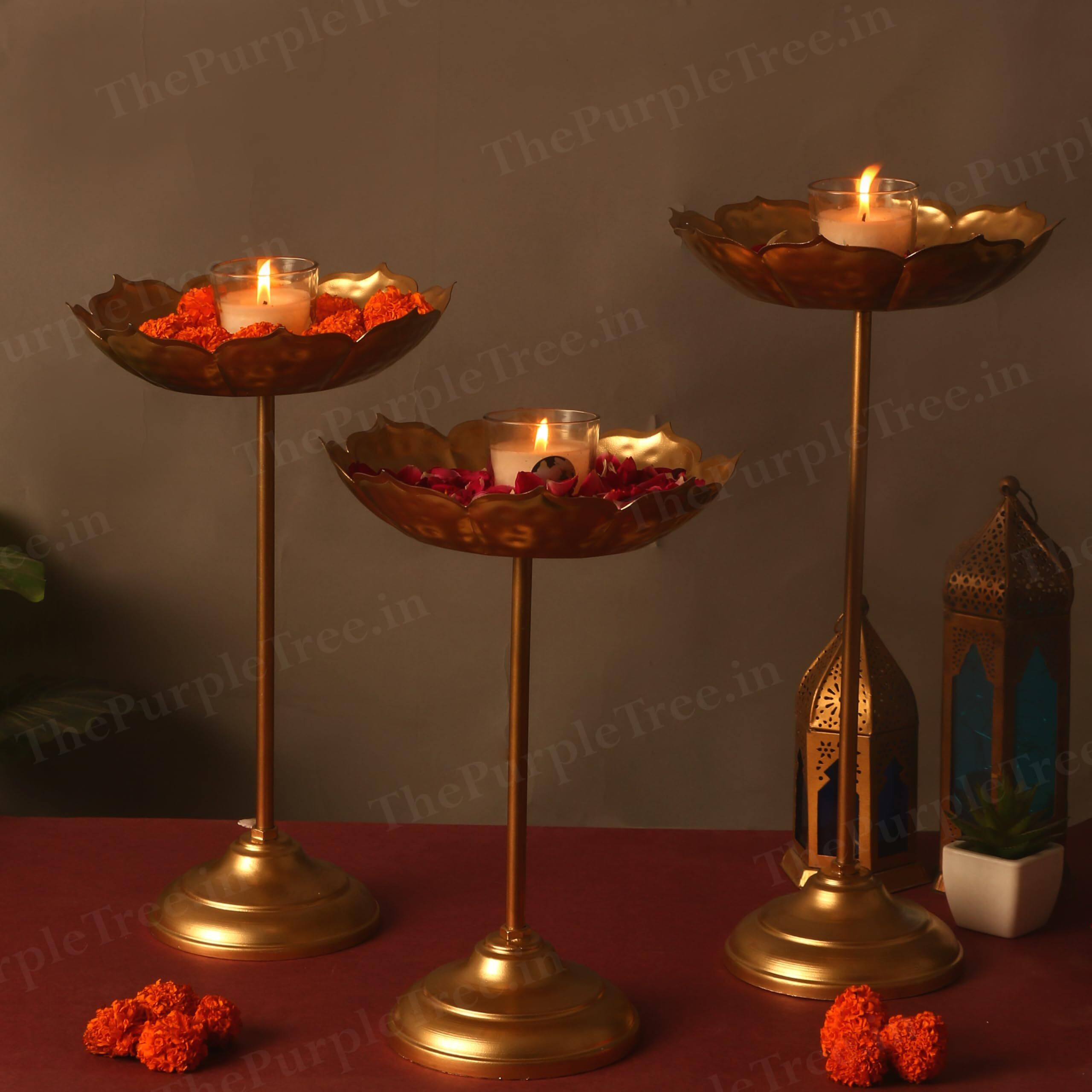 The Purple Tree Beautiful Handcrafted Lotus Urli Bowl with Stands for Diwali (Pack of 3, 30 cm) Decorative Bowl with Stands for Floating Flowers and Tea Light Candles Home, Urli Stand Tealight Holder