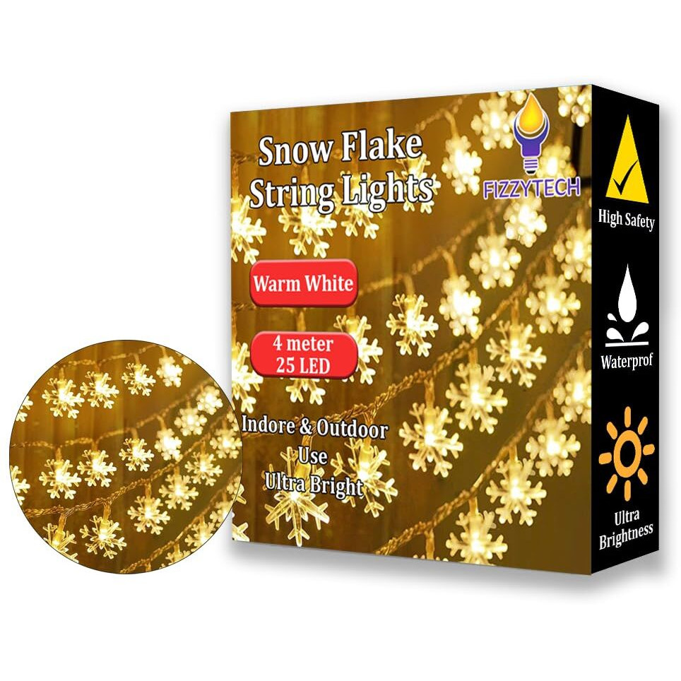fizzytech Plastic Snow Flake String Lights of Home Decoration Diwali Light for Party Birthday Diwali Christmas Navratri Valentine Gift Home Decoration Light (4 Meter 25 Led, Warm White)
