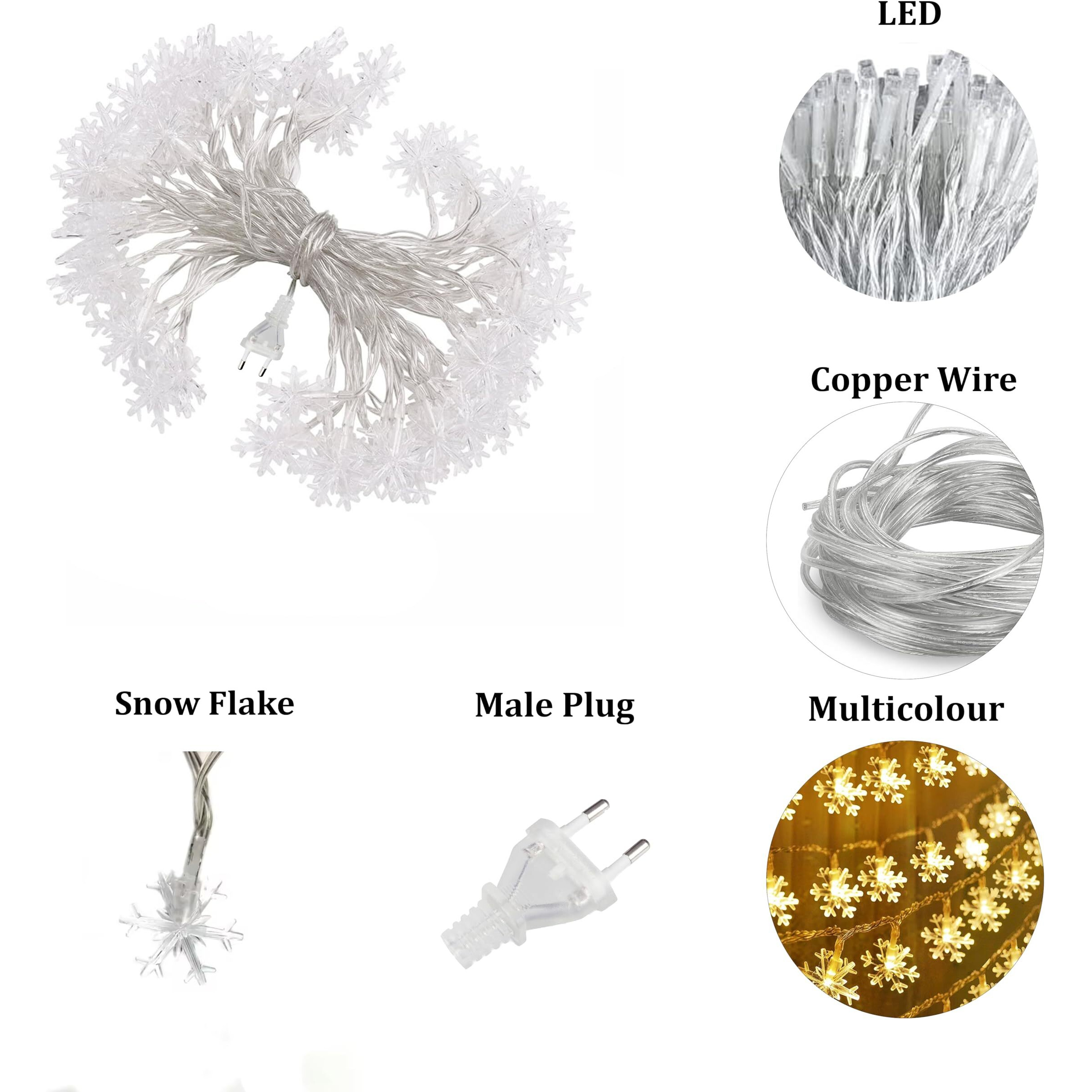 fizzytech Plastic Snow Flake String Lights of Home Decoration Diwali Light for Party Birthday Diwali Christmas Navratri Valentine Gift Home Decoration Light (4 Meter 25 Led, Warm White)
