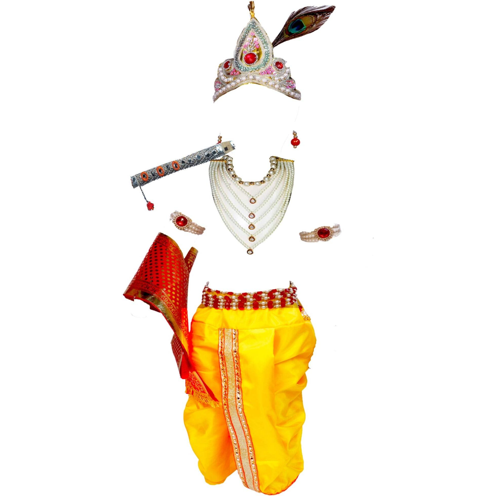 Tanisha Krishna Dandiya Garbha Navratri Dress 15 (3-4 Years) Set of 10 Items, Dhoti, bansuri,kundal,kamarbandh,2 mala,Bandhani,mukut,morpankh and patka for Diwali