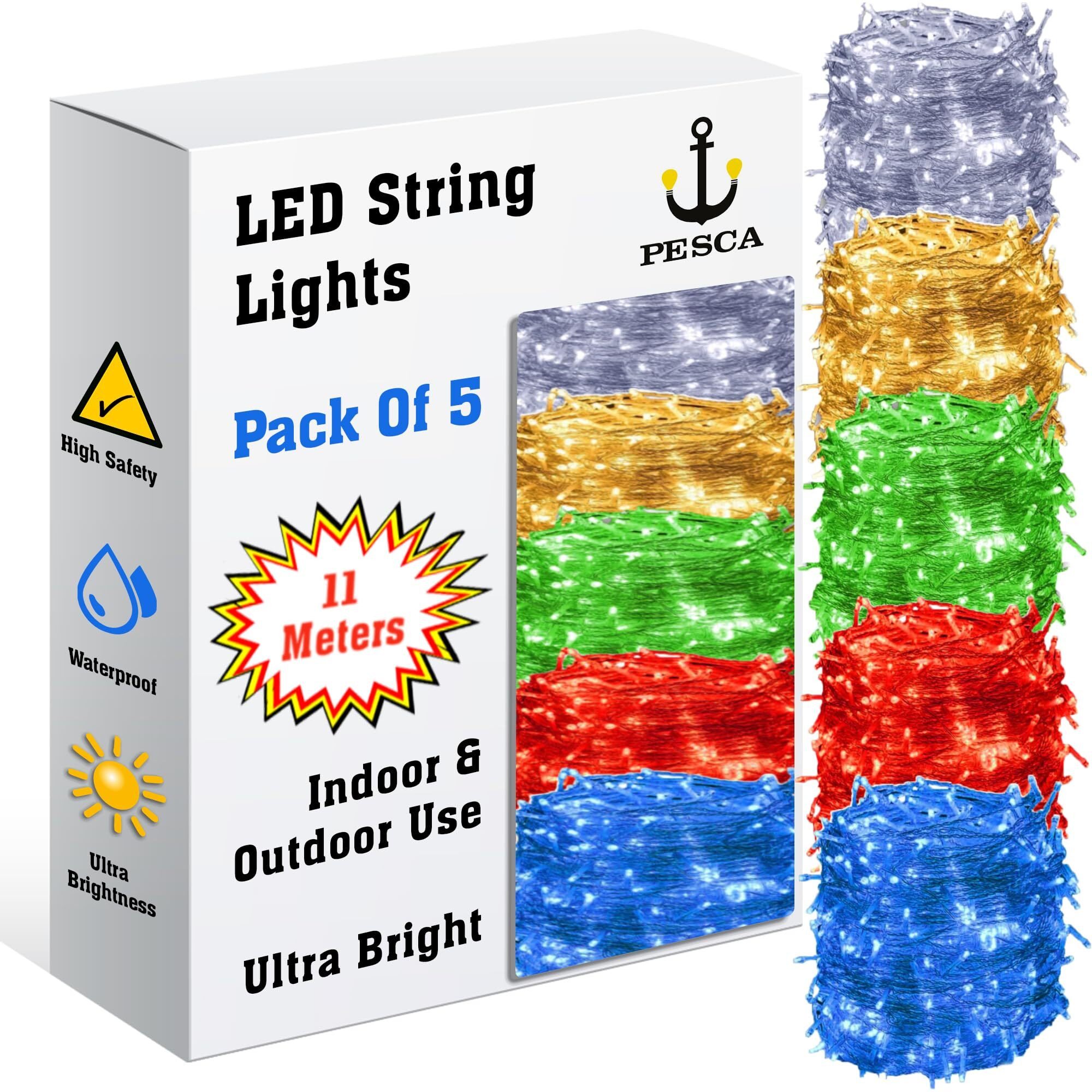 PESCA LED String Lights Serial Bulbs Ladi Decoration Lighting for Diwali Christmas (11 Meters) - Set of 5, Multicolour