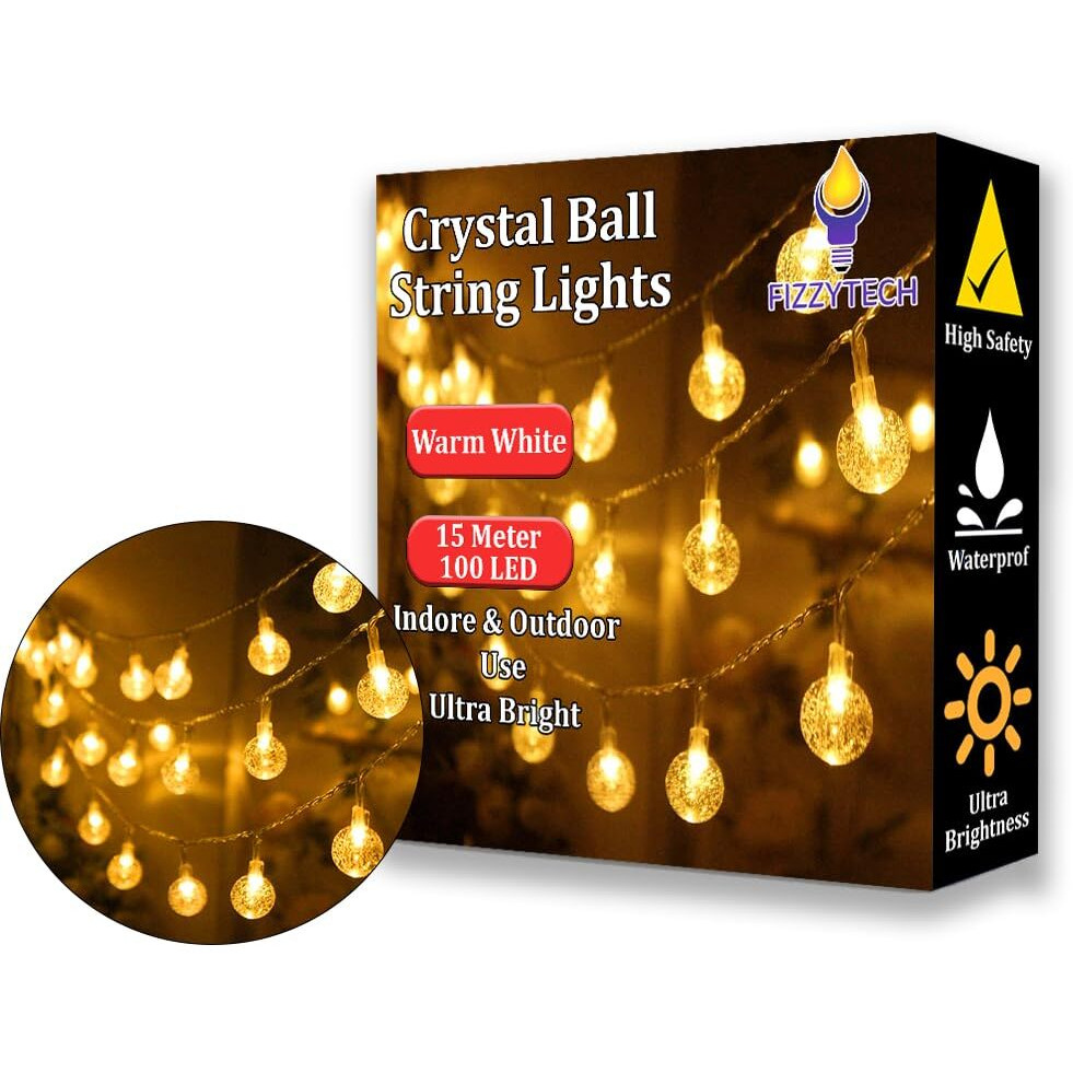 fizzytech Crystal Bubble Ball String Lights of Home Decoration Diwali Light for Party Birthday Diwali Christmas Navratri Valentine Gift Home Decoration Light (15 Meter 100 LED, Warm White)