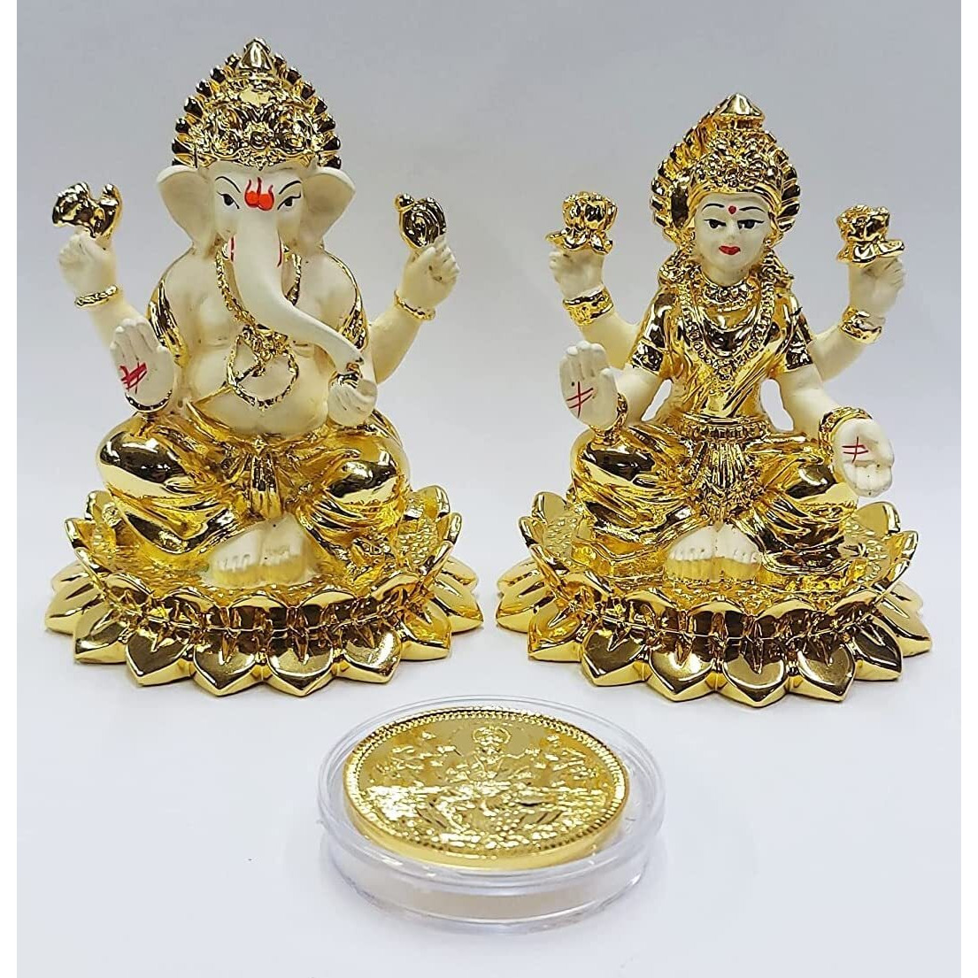 Gold Art India Gold plated laxmi ganesha idol with off white terracotta work with gold plated coin | for Diwali | Laxmi poojan | Diwali Pooja | Gifting (New kamal Laxmi ganesha gold)