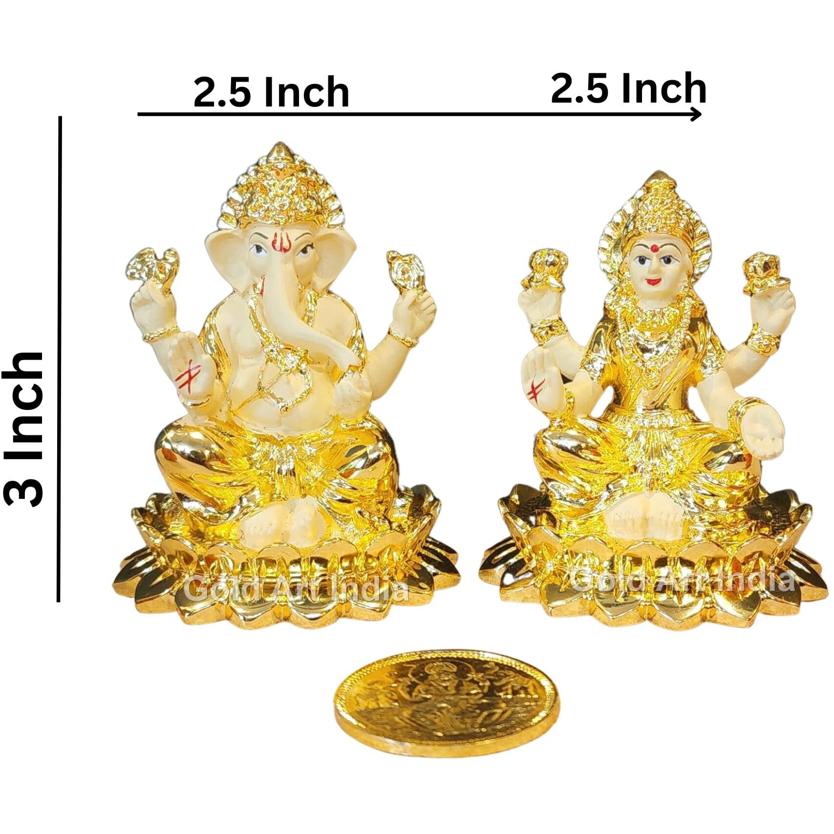 Gold Art India Gold plated laxmi ganesha idol with off white terracotta work with gold plated coin | for Diwali | Laxmi poojan | Diwali Pooja | Gifting (New kamal Laxmi ganesha gold)