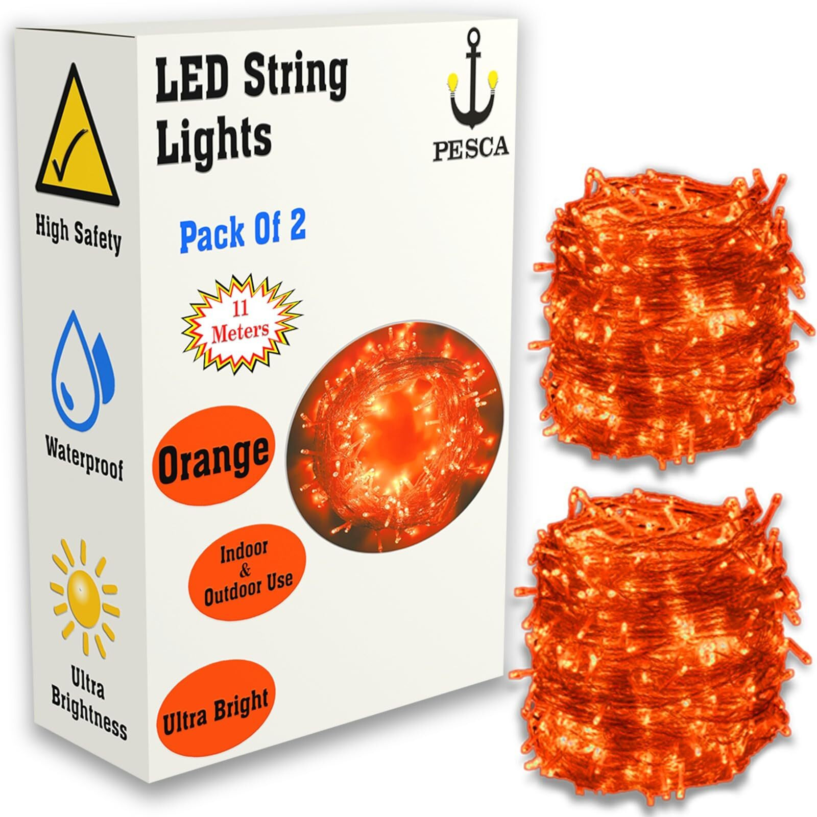 PESCA LED String Lights Serial Bulbs Ladi Decoration Lighting for Diwali Christmas (11 Meters) - Set of 2, Orange