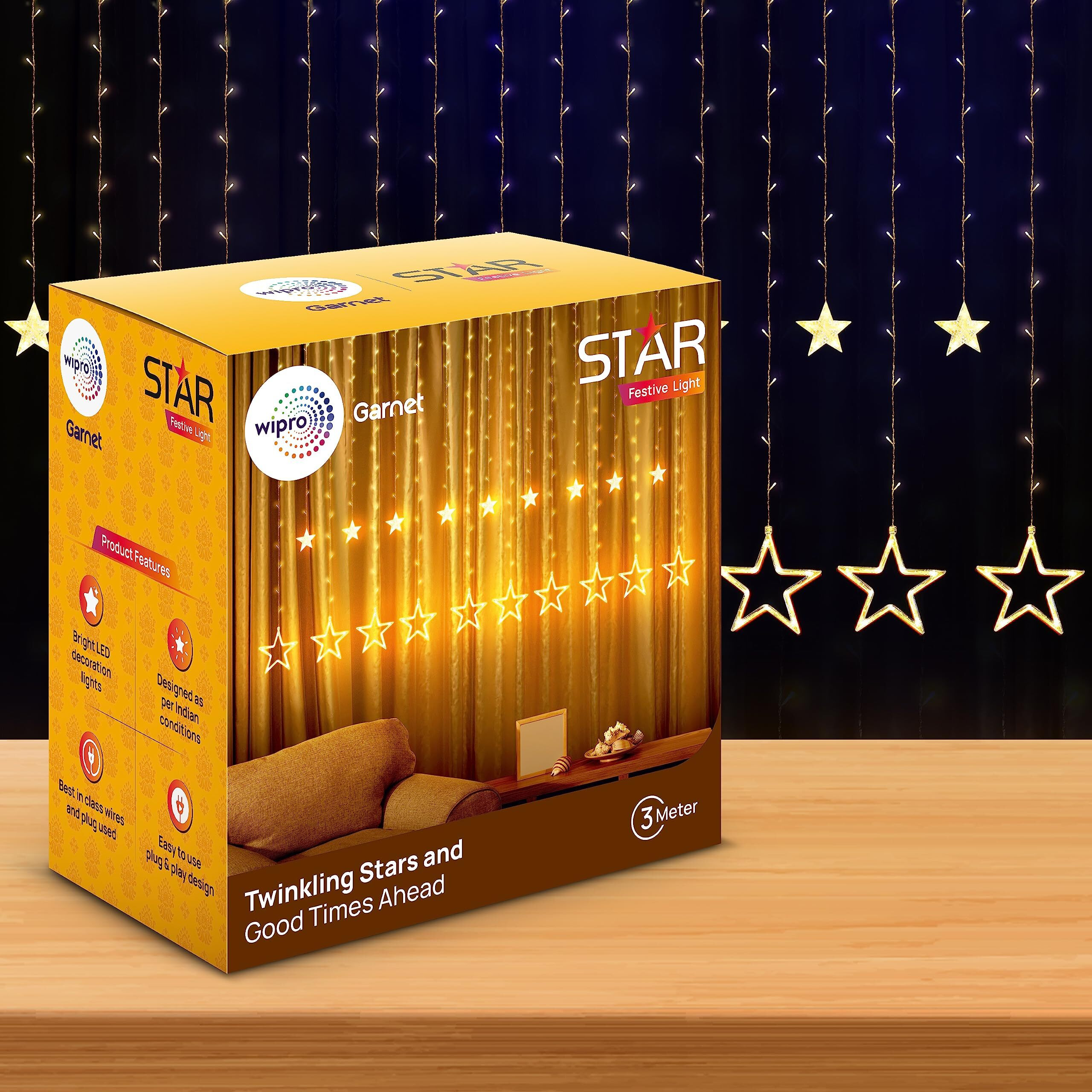 wipro Garnet Polycarbonate 12 Stars 3 Meter Curtain Led Festive Lights|Indoor String Lights|Decoration for Diwali, Wedding, New Year and Home|6 Large and 6 Small Stars|Warm White, 108 LEDs, Pack of 1