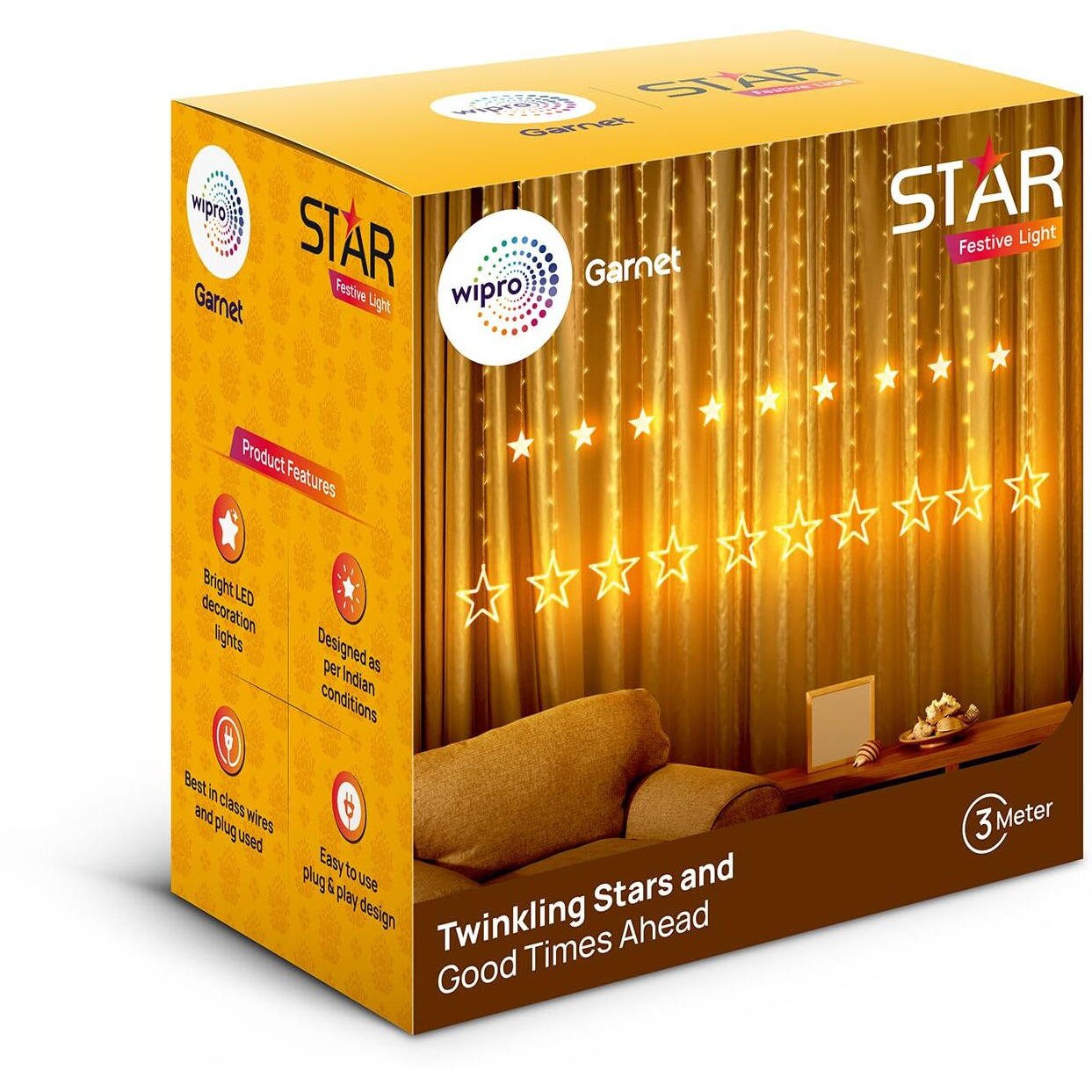 wipro Garnet Polycarbonate 12 Stars 3 Meter Curtain Led Festive Lights|Indoor String Lights|Decoration for Diwali, Wedding, New Year and Home|6 Large and 6 Small Stars|Warm White, 108 LEDs, Pack of 1