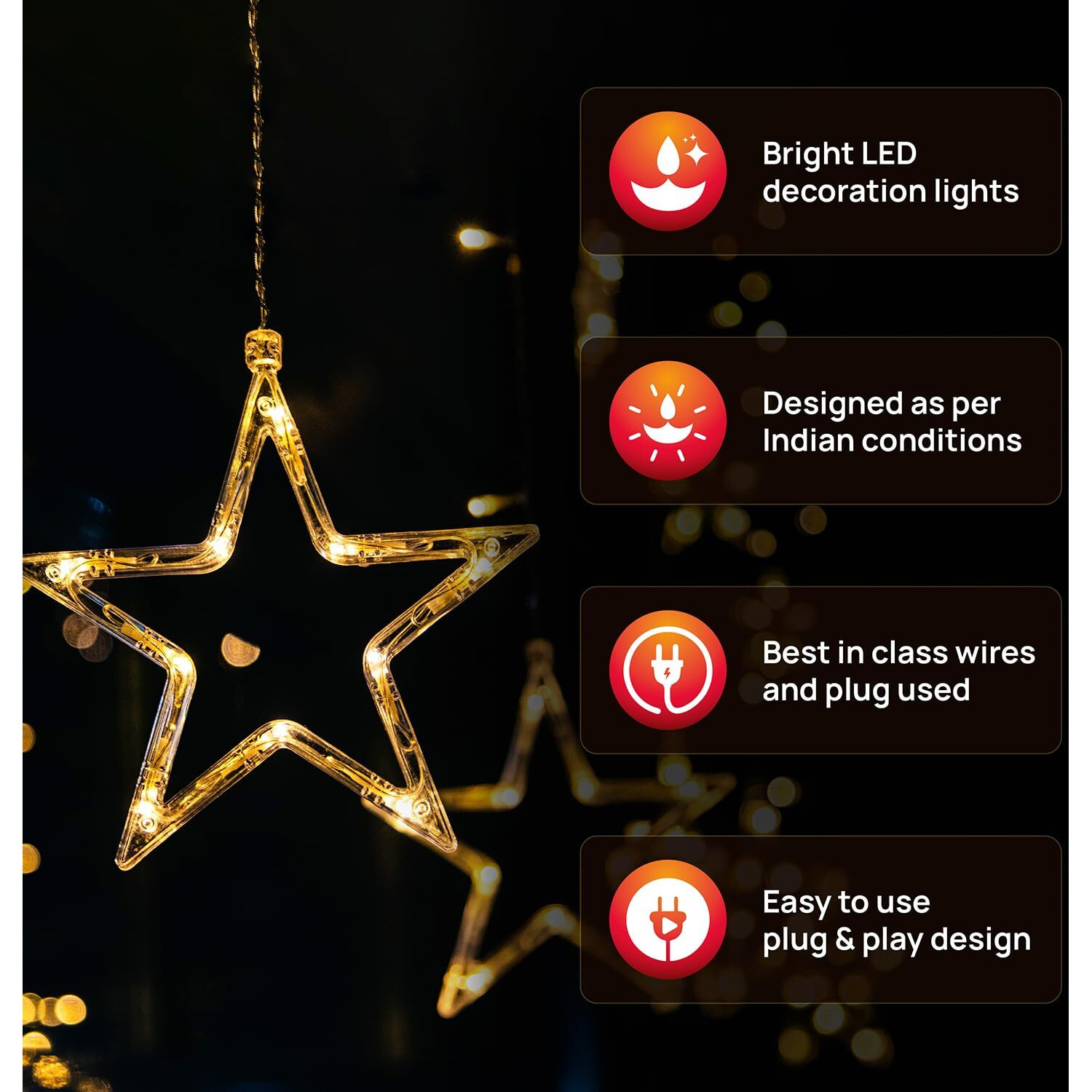 wipro Garnet Polycarbonate 12 Stars 3 Meter Curtain Led Festive Lights|Indoor String Lights|Decoration for Diwali, Wedding, New Year and Home|6 Large and 6 Small Stars|Warm White, 108 LEDs, Pack of 1