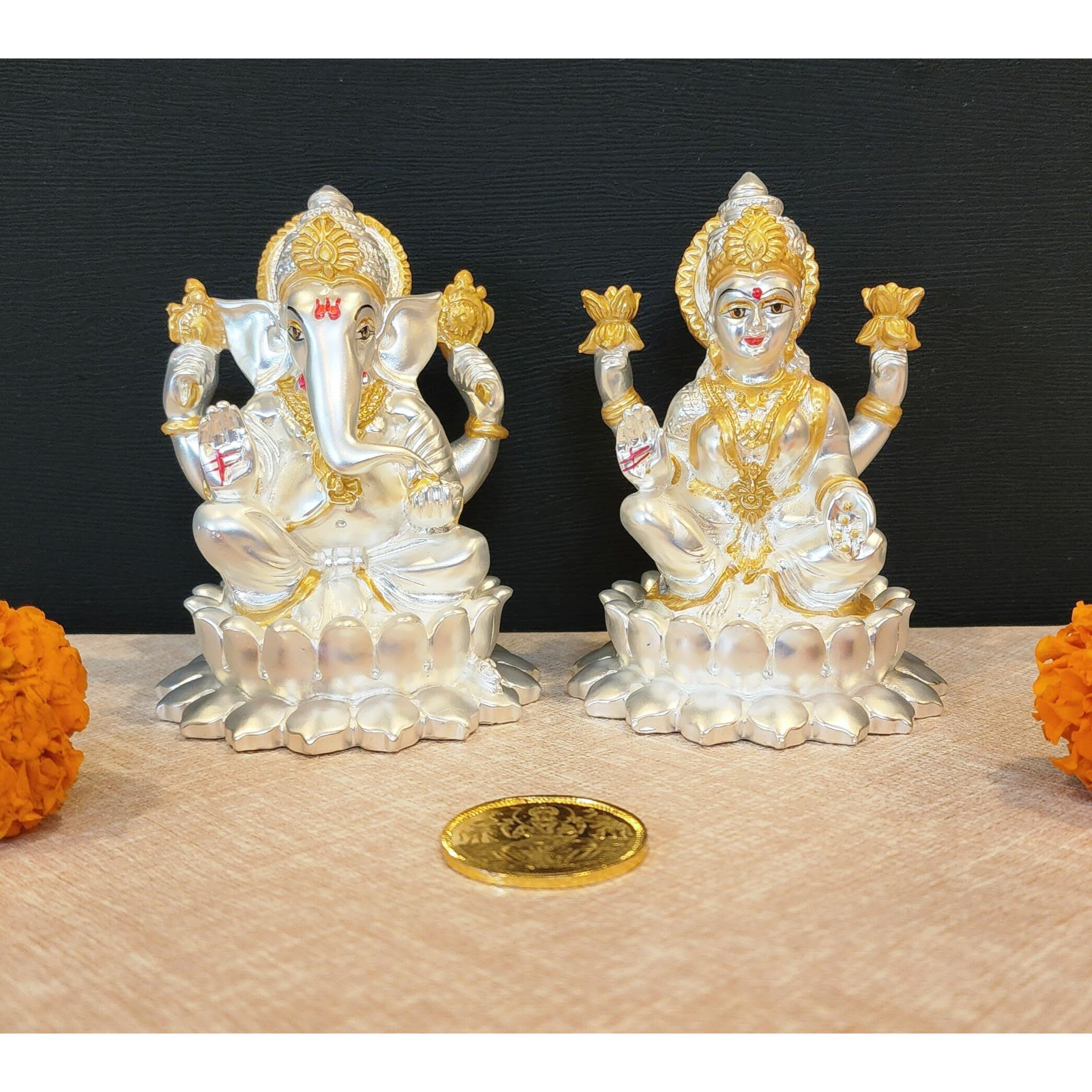 Gold Art India Silver Matte Kamal Laxmi Ganesha with Gold Plated Coin | Diwali & Festival Gift Set (KAMALLAXGANSILVERMATTE 4.1)