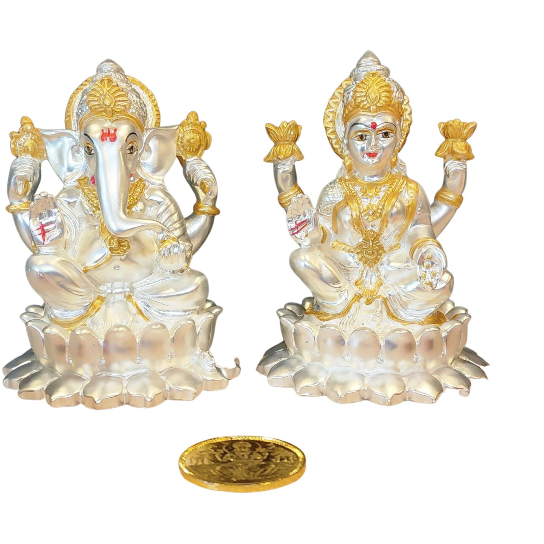 Gold Art India Silver Matte Kamal Laxmi Ganesha with Gold Plated Coin | Diwali & Festival Gift Set (KAMALLAXGANSILVERMATTE 4.1)