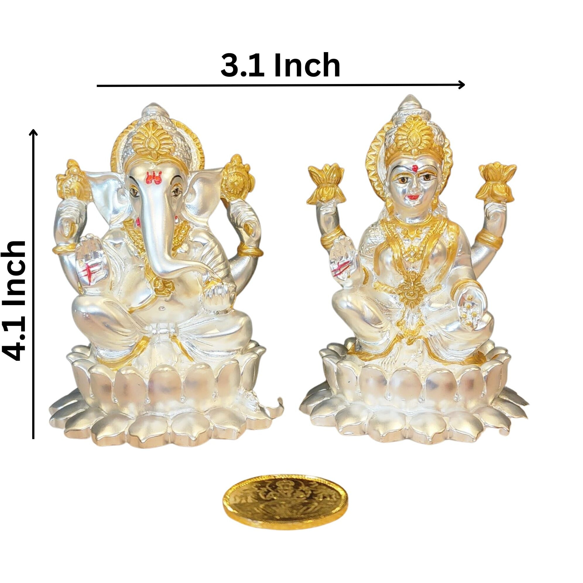Gold Art India Silver Matte Kamal Laxmi Ganesha with Gold Plated Coin | Diwali & Festival Gift Set (KAMALLAXGANSILVERMATTE 4.1)