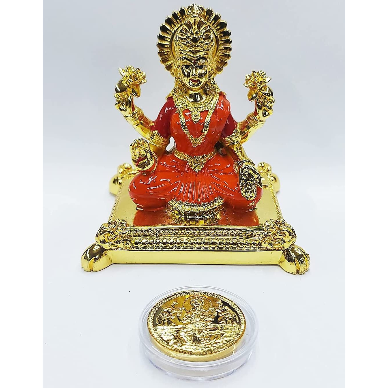 Gold Art India Gold plated pata laxmi ganesha idol with Orange & Red enamel color work with gold plated coin | for Diwali | Laxmi poojan | Diwali Pooja | Gifting (Big pata laxmi gold)
