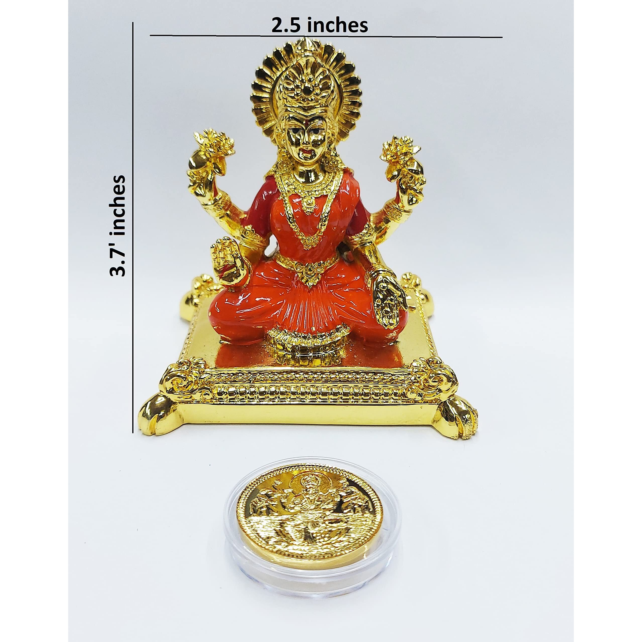 Gold Art India Gold plated pata laxmi ganesha idol with Orange & Red enamel color work with gold plated coin | for Diwali | Laxmi poojan | Diwali Pooja | Gifting (Big pata laxmi gold)