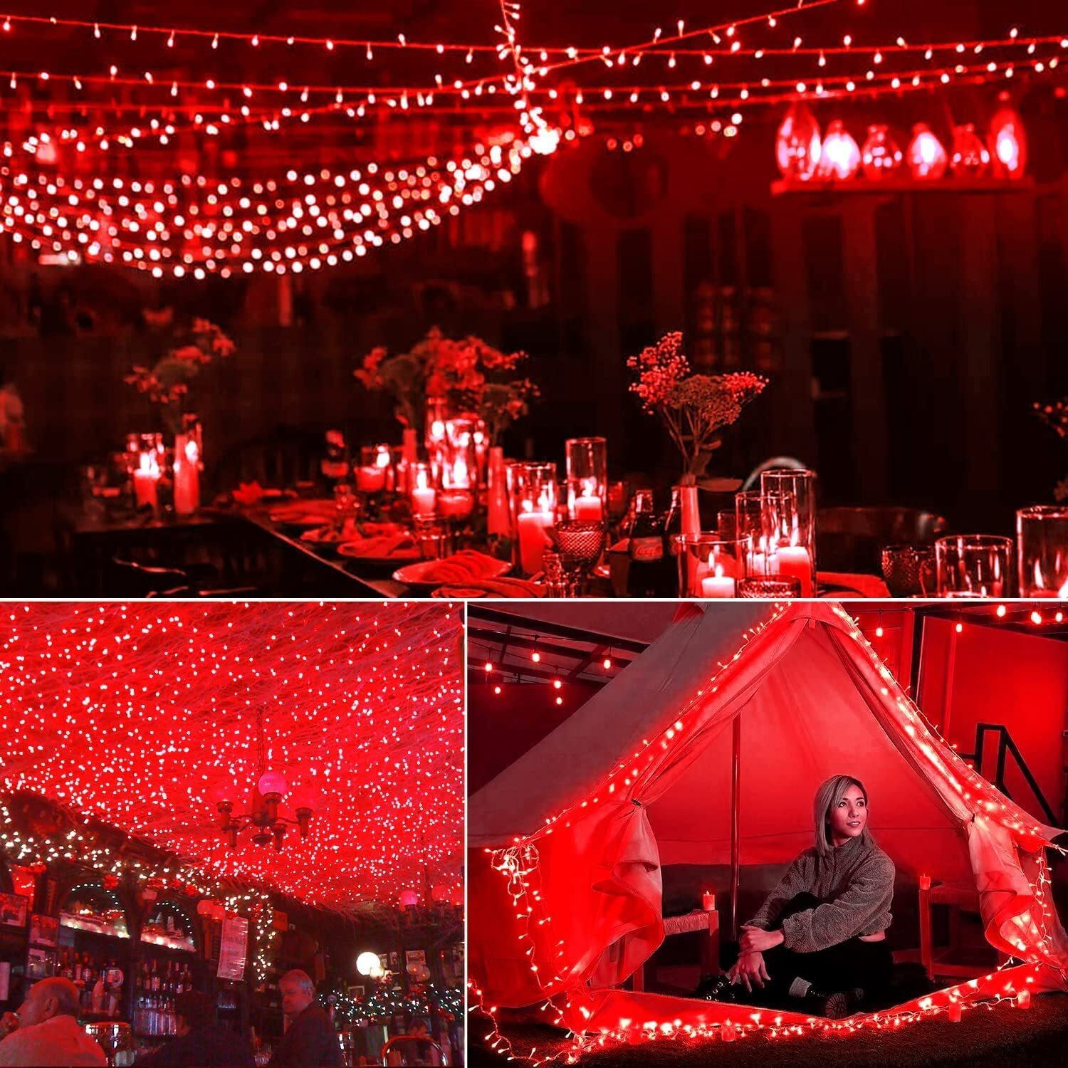 PESCA LED String Lights Serial Bulbs Ladi Decoration Lighting for Diwali Christmas (11 Meters) - Set of 2, Red