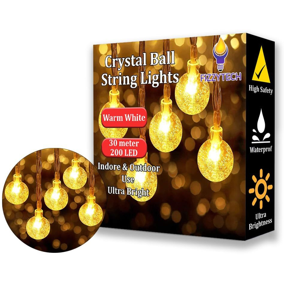 fizzytech Crystal Bubble Ball String Lights of Home Decoration Diwali Light for Party Birthday Diwali Christmas Navratri Valentine Gift Home Decoration Light 30 Meter 200 LED, Warm White