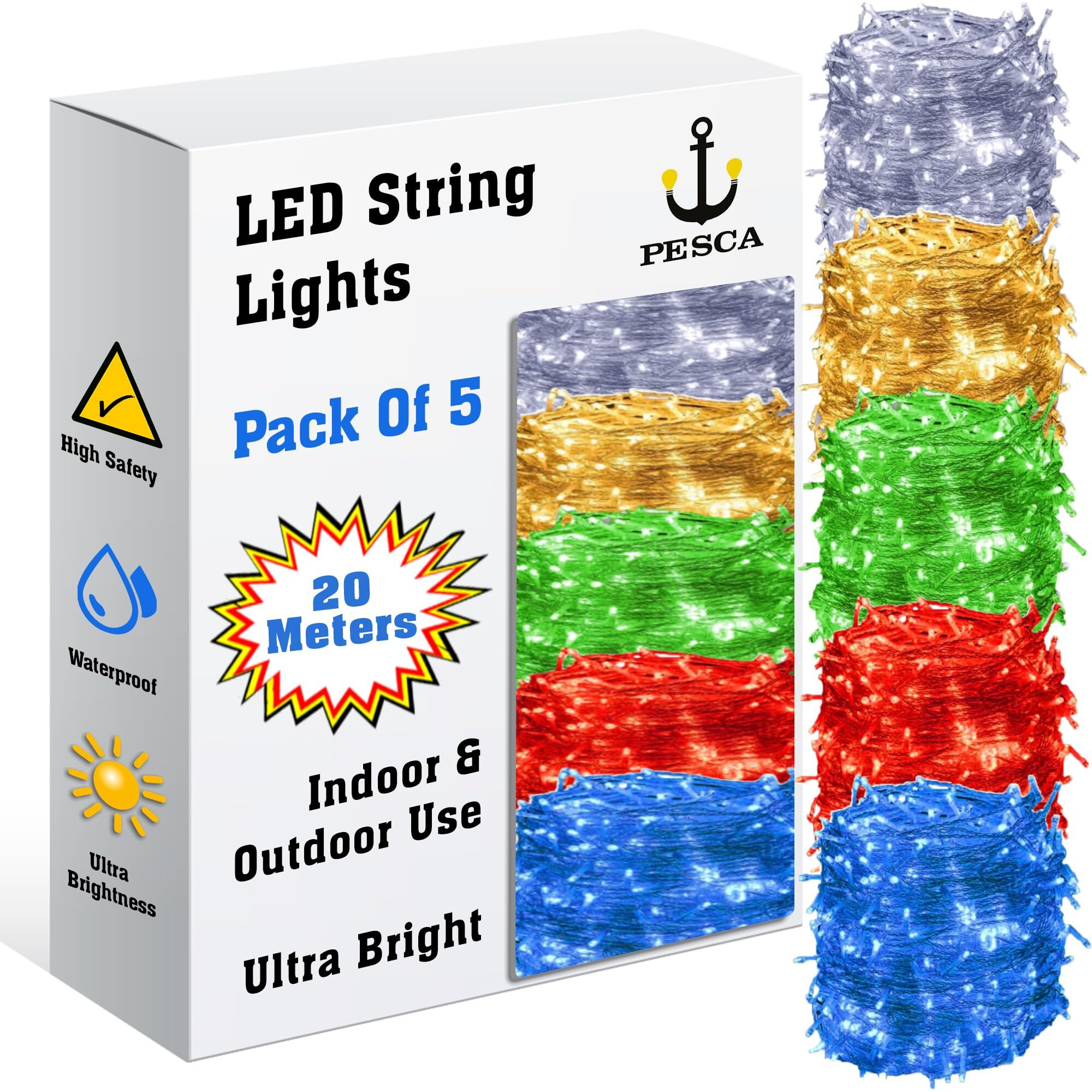 PESCA LED String Lights Serial Bulbs Ladi Decoration Lighting for Diwali Christmas (20 Meters) - Set of 5, Multicolour