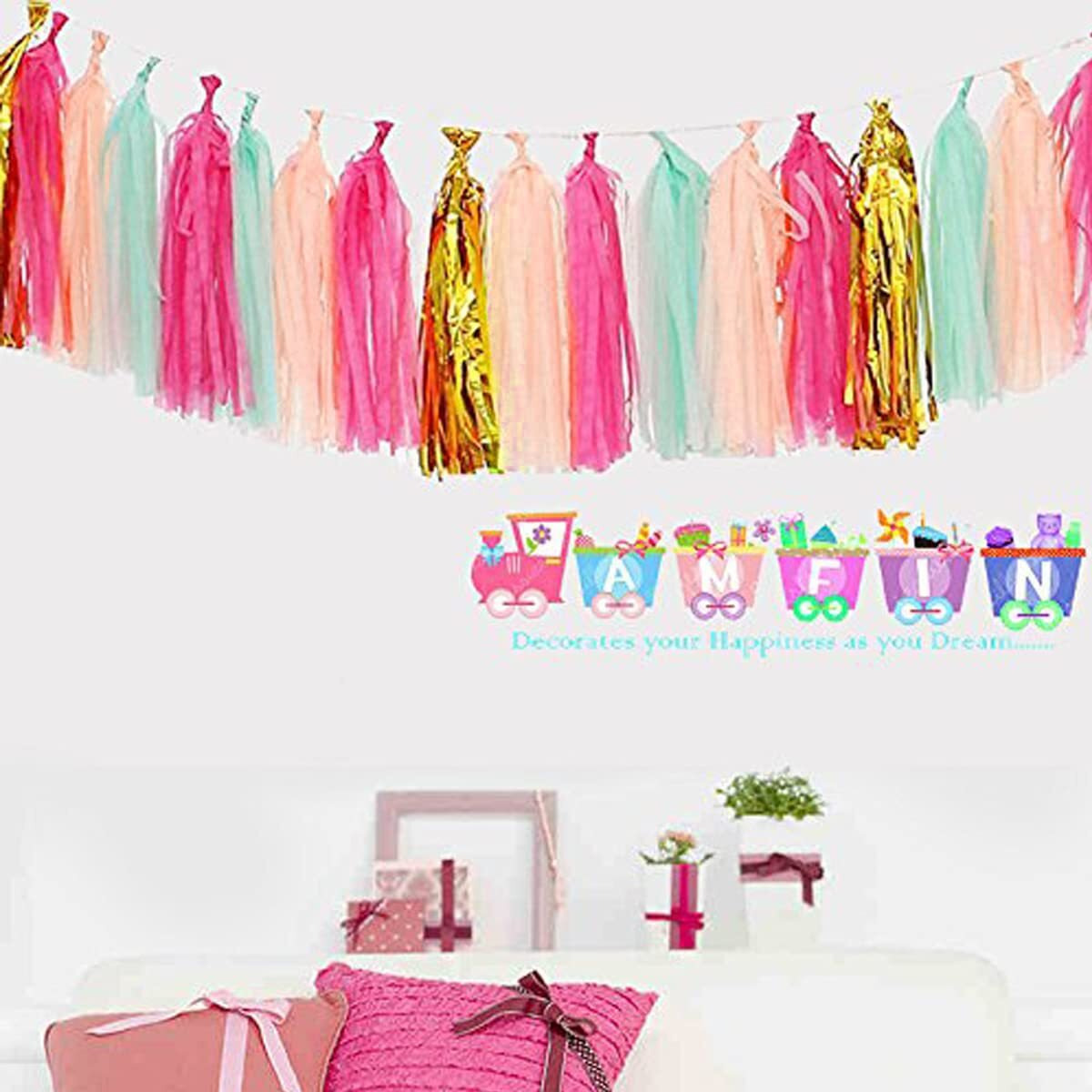 AMFIN (20 Pieces, 2 Meter) Tissue Paper Tassels Garland Wedding Home Decor Crafts for Birthday Decoration , Decoration for Weddings , Engagement , Baby Shower Decoration Items , 1st Birthday Party Decoration Items , Anniversary Party , Bachelors Party , Office Party , Diwali , New Year Party , Christmas Decoration Items - Pink & Green