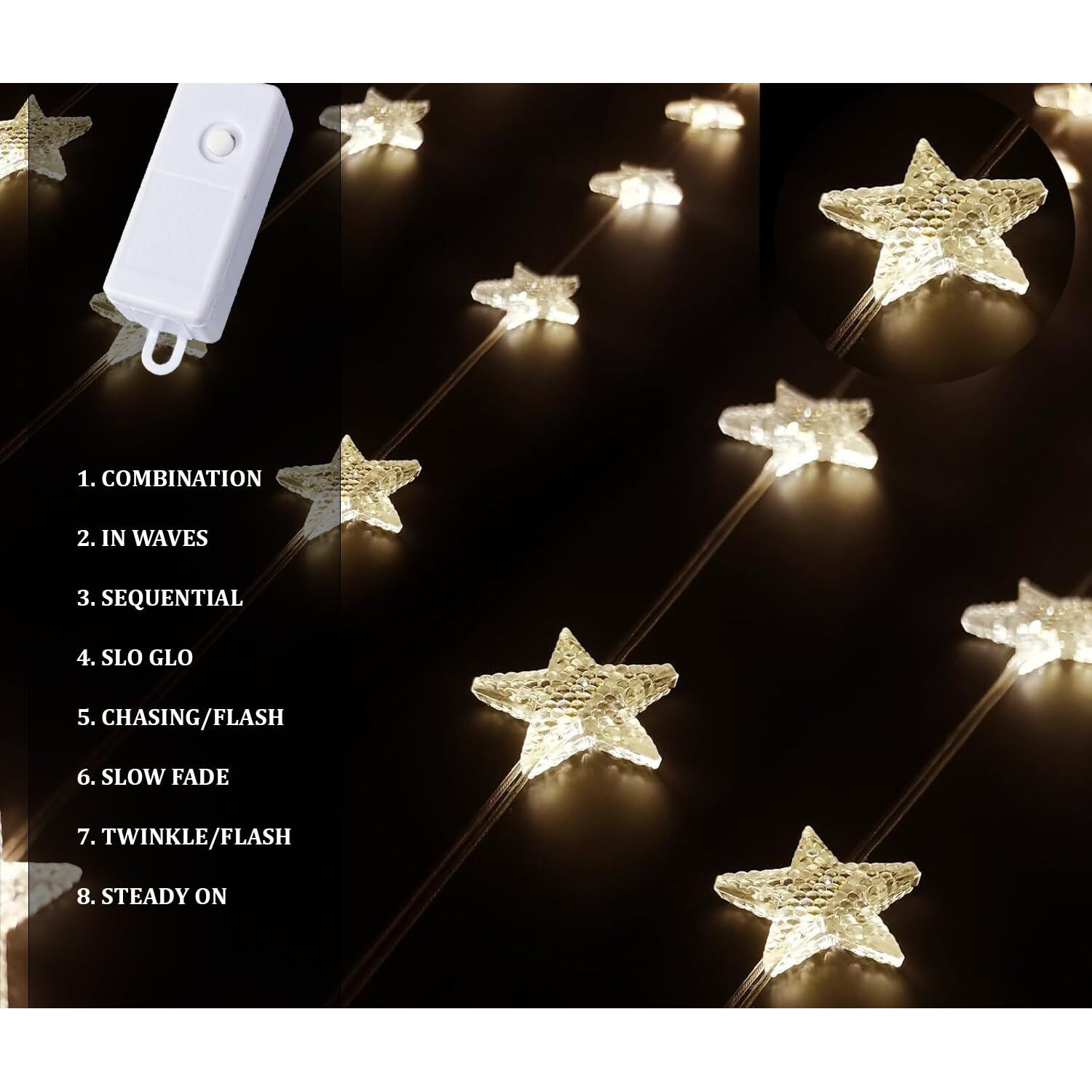 fizzytech Star Curtain Lights with Star Pendants 100 LED 3 x2 Meter String Light with 8 Mode for Diwali/Xmas Party and Lights of Home Decoration - Warm White