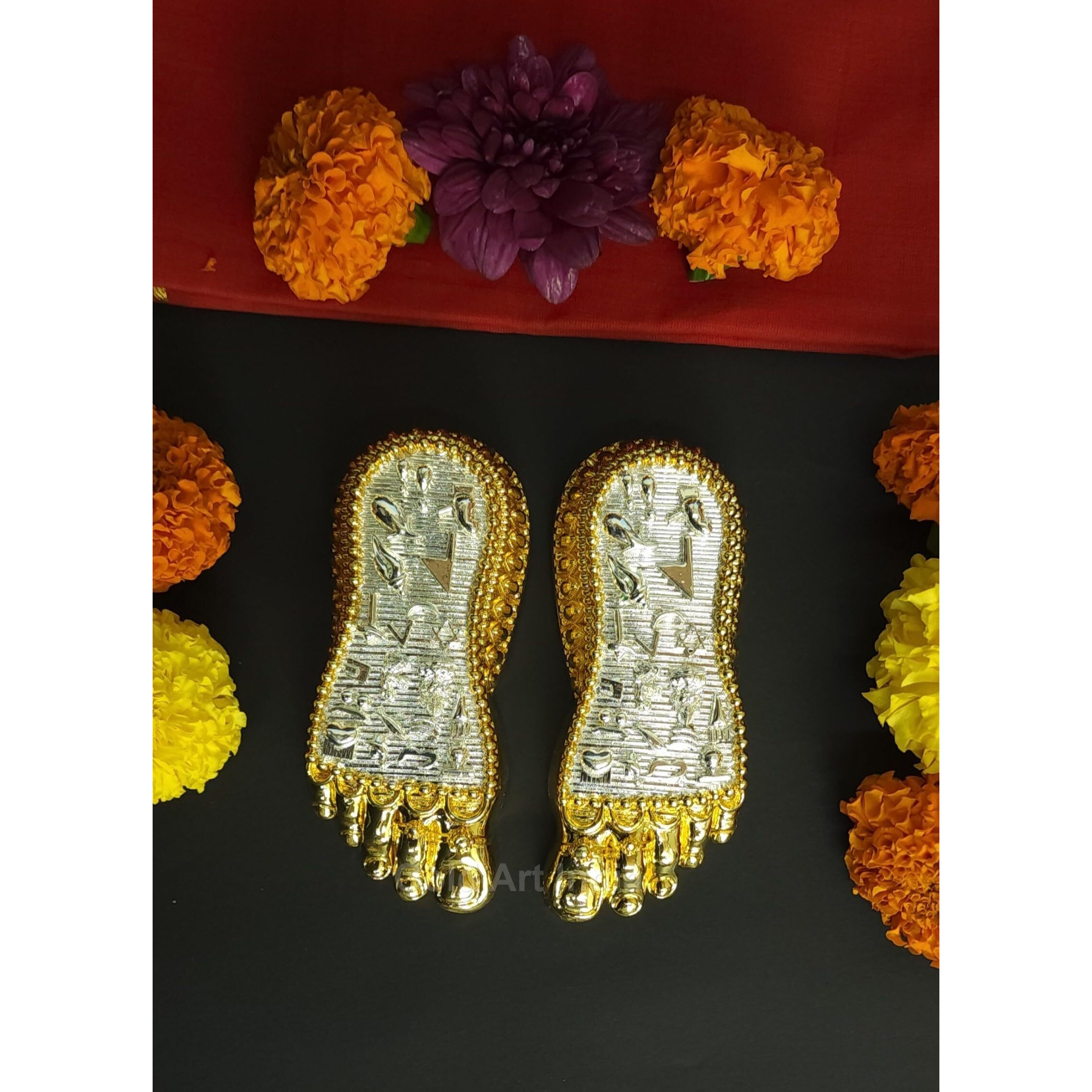 Gold Art India Shri Laxmi Charan Paduka Gold Silver Plated Maa Lakshmi Blessings Feet for Office Home Temple Decor House Warming Any Auspecious Initiation Diwali Pooja Best Gift (3 Inch,45gms)