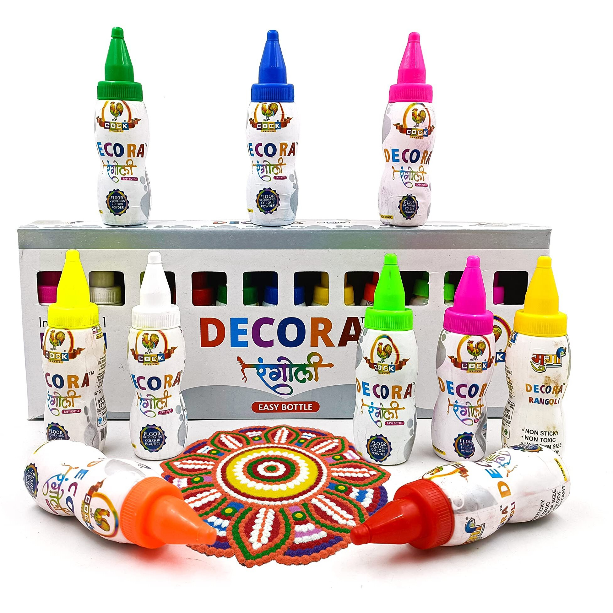 CraftVatika 10 Rangoli Colour Powder Tube Kit, Diwali Decoration Items Bottles Tool Floor Art Rang for Home Navratri Pongal Pooja Mandir Decor (10 Bottle Style B) (Set of 10)