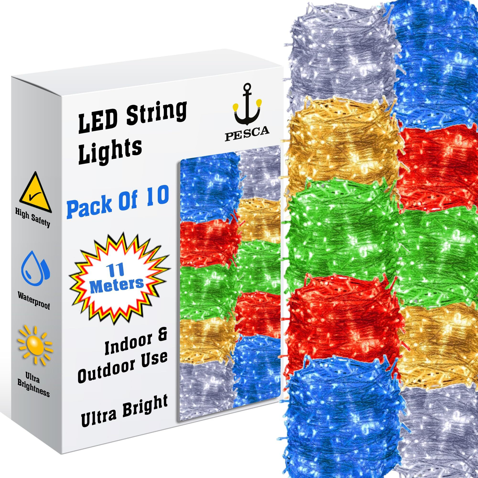 PESCA LED String Lights Serial Bulbs Ladi Decoration Lighting for Diwali Christmas (11 Meters) - Set of 10, Multicolour