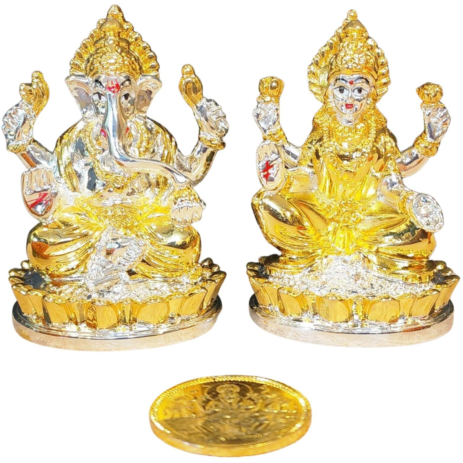 Gold Art India Two Tone Gold and Silver Plated Kamal Laxmi Ganesha | Gold plated coin | Diwali & Festival Gift Set (LAXGANOVALKAMALTWOTONE 3)
