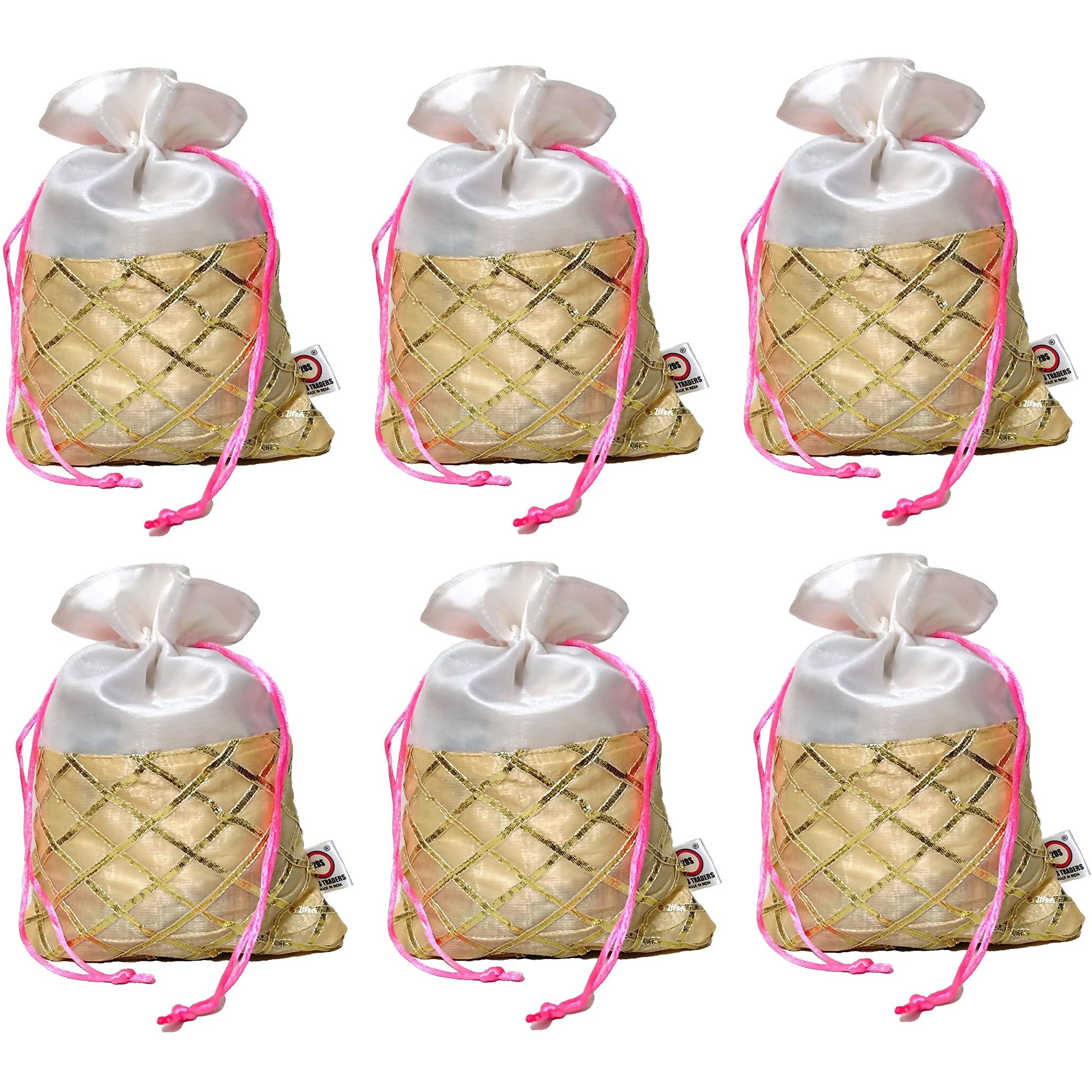 2DS Gota Work Silk Potli Bags For Return Gifts (Set of 6) Batwa for Gifting purpose. Wedding gift potli/Jewellery Pouch, Shagun Potli Set, Ideal handbag potli for diwali Gift Packing Colour_Offwhite