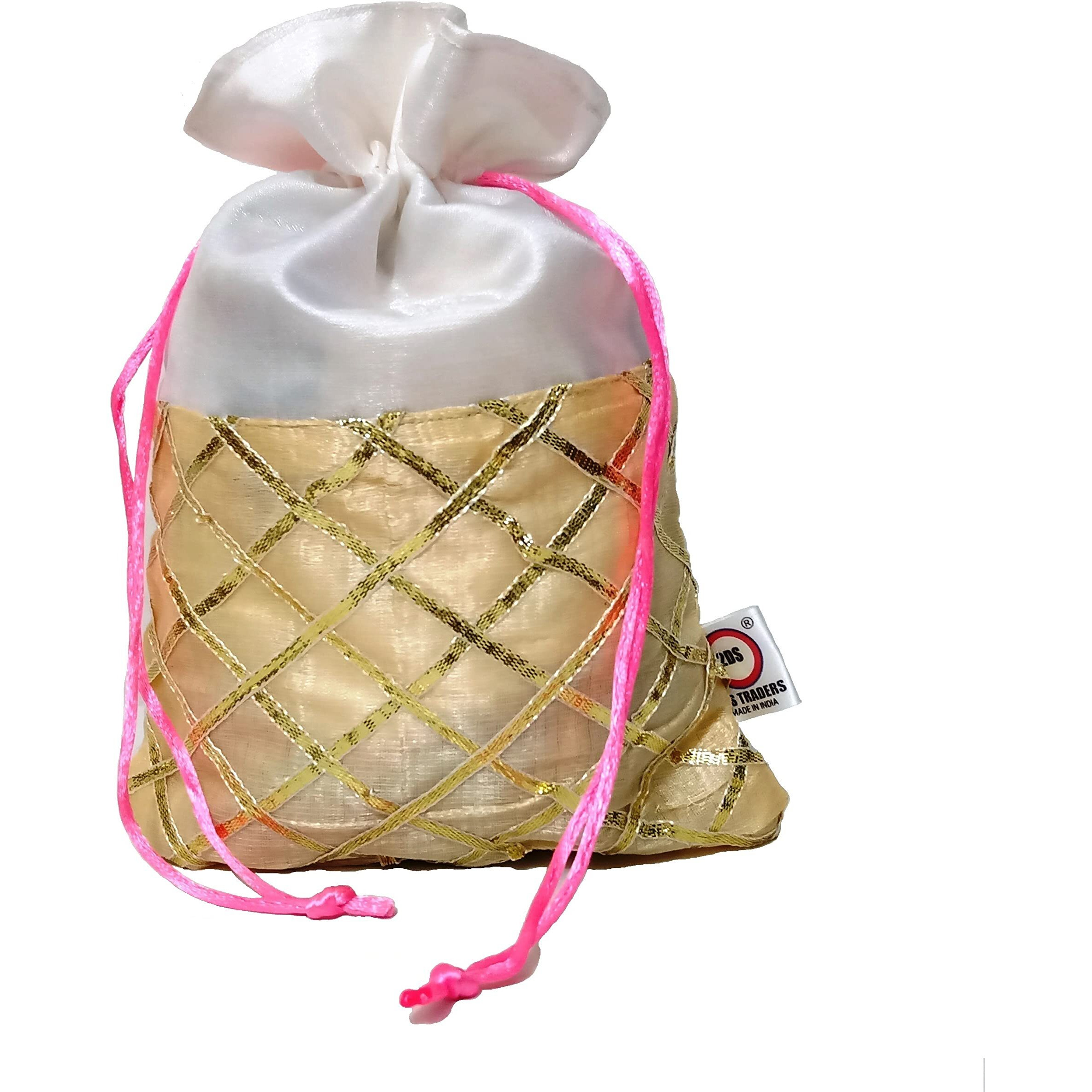 2DS Gota Work Silk Potli Bags For Return Gifts (Set of 6) Batwa for Gifting purpose. Wedding gift potli/Jewellery Pouch, Shagun Potli Set, Ideal handbag potli for diwali Gift Packing Colour_Offwhite