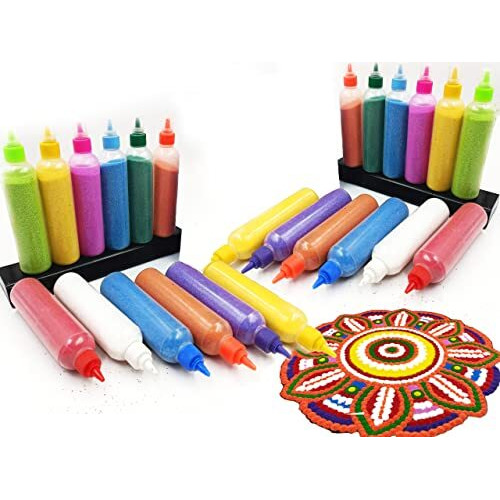 CraftVatika 24 Rangoli Colour Powder Tube Kit, Latest Design Diwali Decoration Items Bottles Tool Floor Art Rang for Home Navratri Pongal Pooja Mandir Decor (Pack of 12) (24 Count (Pack of 1))