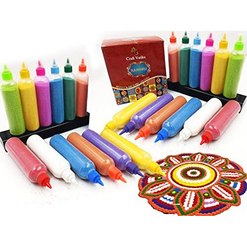 CraftVatika 24 Rangoli Colour Powder Tube Kit, Latest Design Diwali Decoration Items Bottles Tool Floor Art Rang for Home Navratri Pongal Pooja Mandir Decor (Pack of 12) (24 Count (Pack of 1))