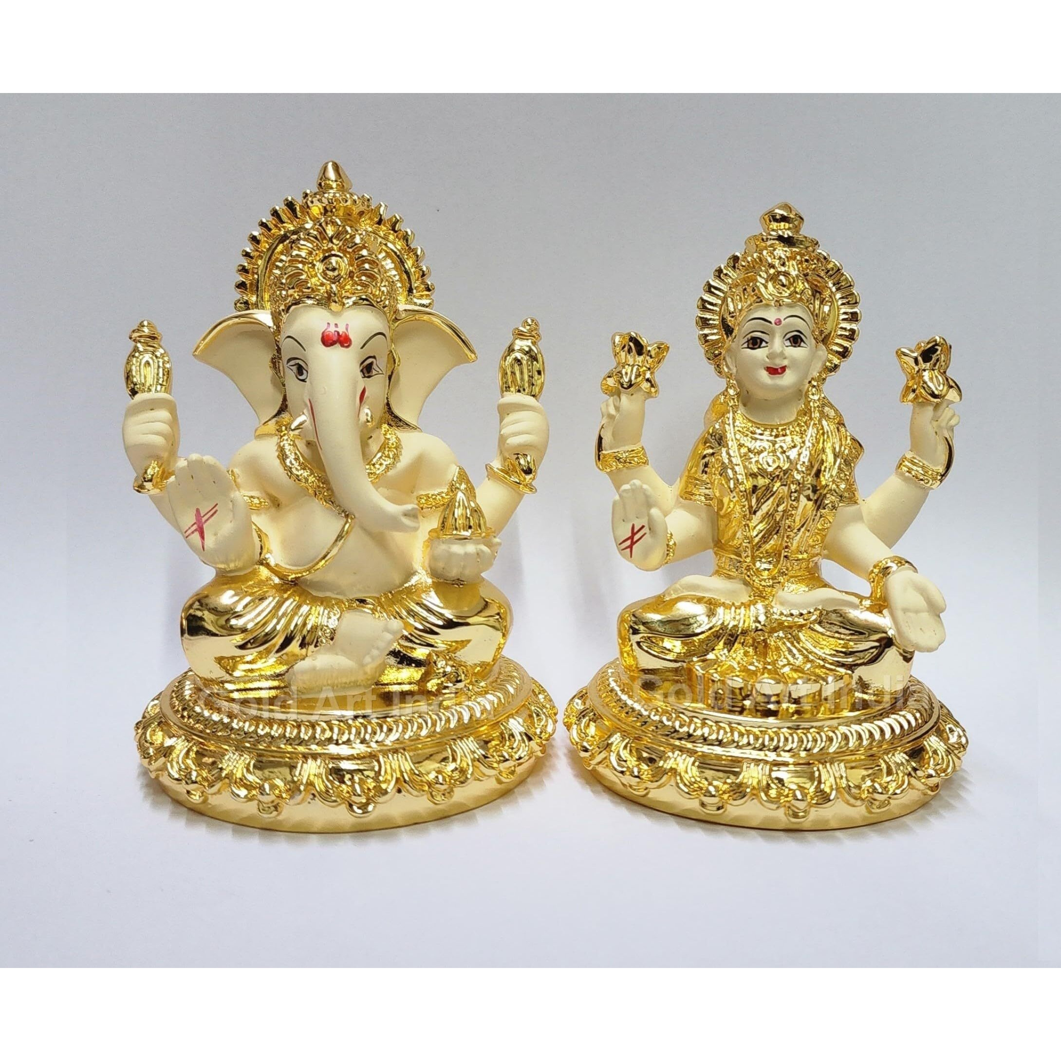 Gold Plated laxmi Ganesha Idol with Off White Terracotta Work with Gold plated coin,for Diwali, Laxmi poojan, Diwali Pooja, Deepawali, Deepavali (4HANDLAXGANRBASEOFFWHITE3.7)
