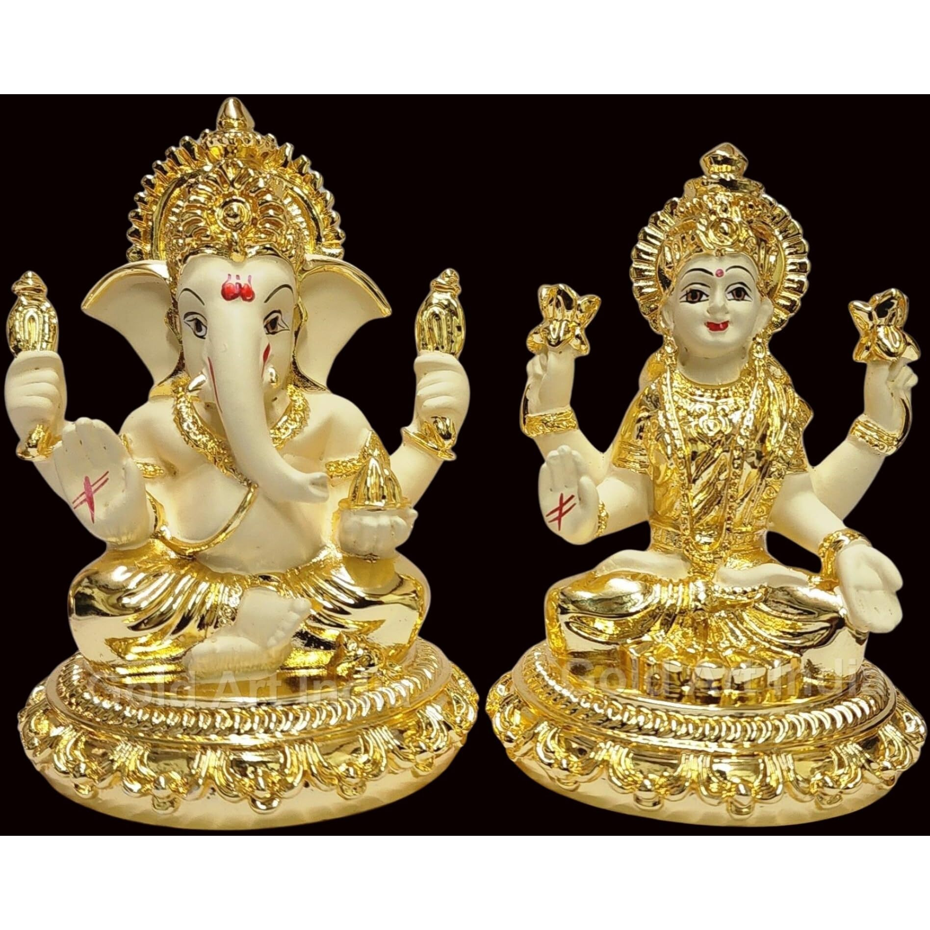 Gold Plated laxmi Ganesha Idol with Off White Terracotta Work with Gold plated coin,for Diwali, Laxmi poojan, Diwali Pooja, Deepawali, Deepavali (4HANDLAXGANRBASEOFFWHITE3.7)