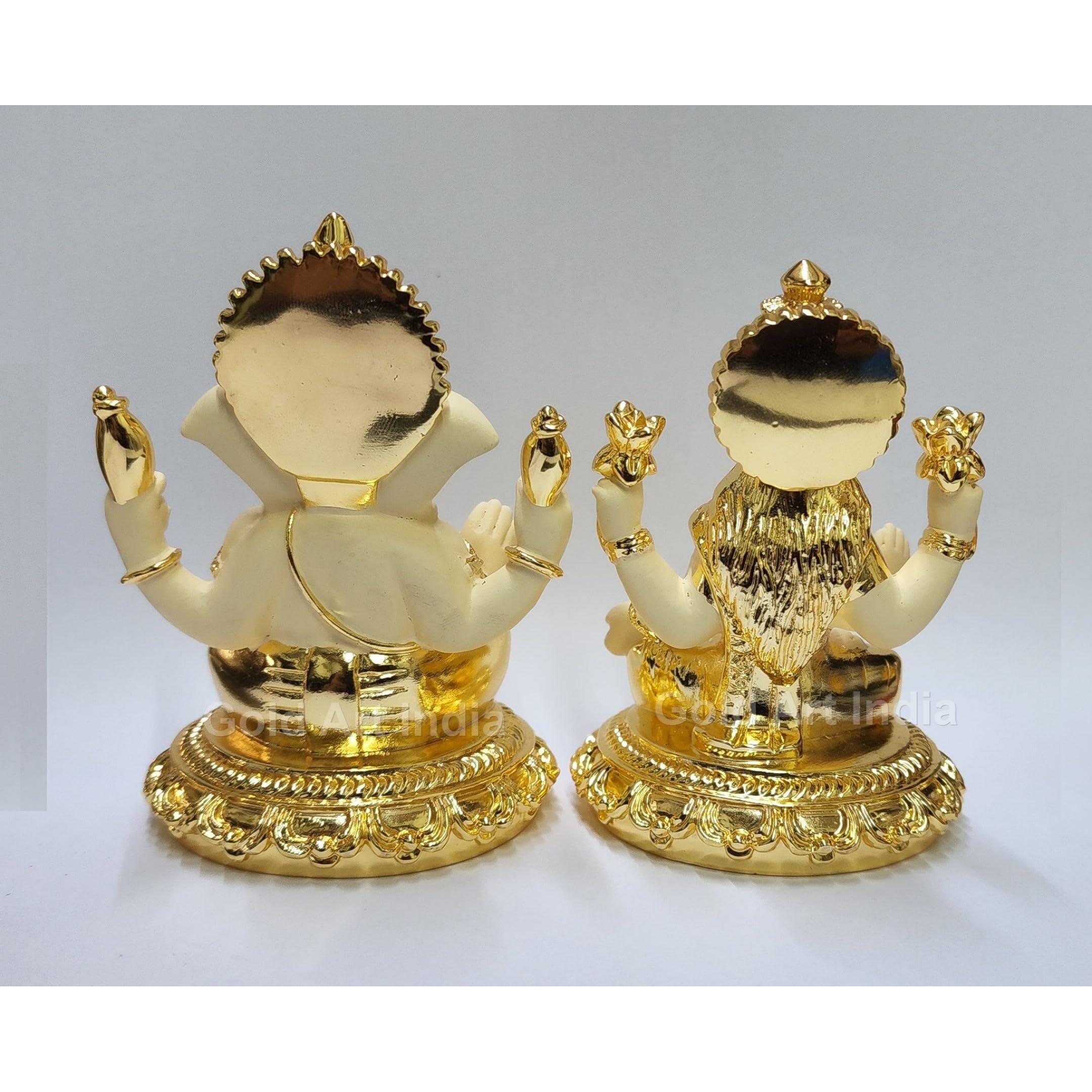 Gold Plated laxmi Ganesha Idol with Off White Terracotta Work with Gold plated coin,for Diwali, Laxmi poojan, Diwali Pooja, Deepawali, Deepavali (4HANDLAXGANRBASEOFFWHITE3.7)