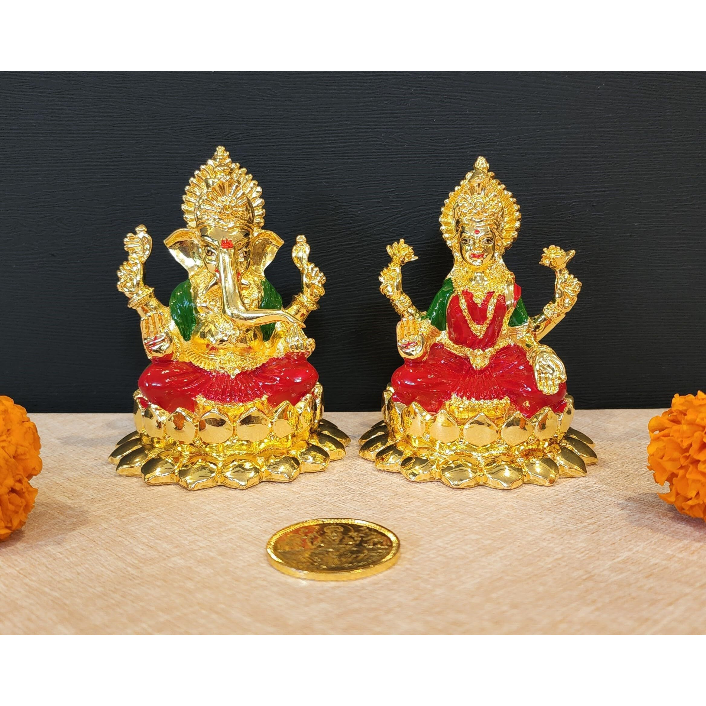 Gold Art India Gold Plated Kamal Laxmi Ganesha with Enamel Color with gold plated coin | Diwali & Festival Gift Set (KAMALLAXGANGOLDENAMEL4INCH)