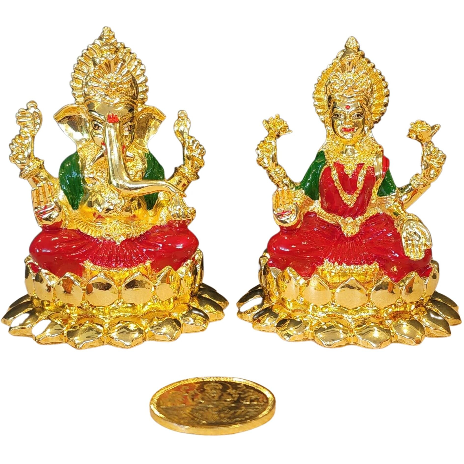 Gold Art India Gold Plated Kamal Laxmi Ganesha with Enamel Color with gold plated coin | Diwali & Festival Gift Set (KAMALLAXGANGOLDENAMEL4INCH)