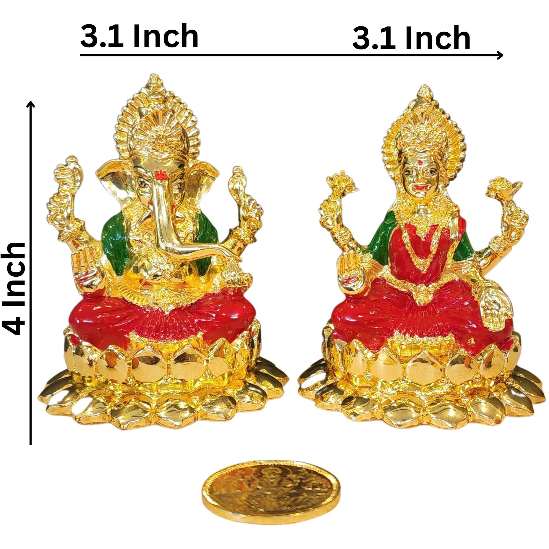 Gold Art India Gold Plated Kamal Laxmi Ganesha with Enamel Color with gold plated coin | Diwali & Festival Gift Set (KAMALLAXGANGOLDENAMEL4INCH)
