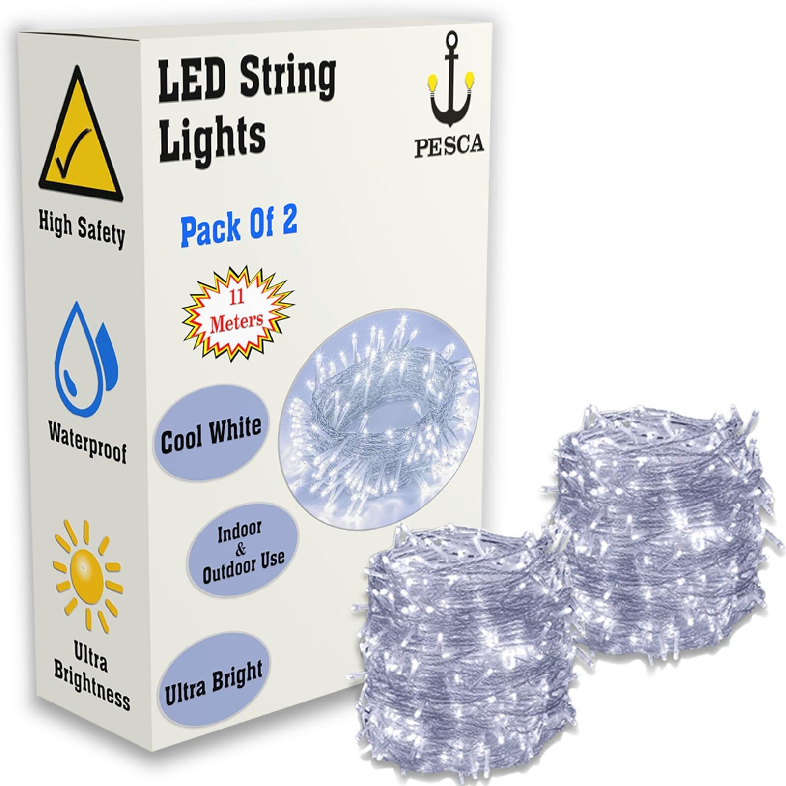 PESCA LED String Lights Serial Bulbs Ladi Decoration Lighting for Diwali Christmas (11 Meters) - Set of 2, White
