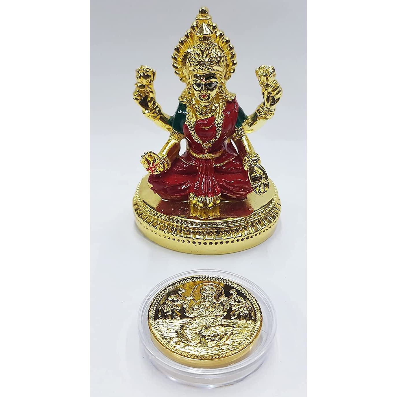 Gold Art India Laxmi ji IGold Plated Idol in red Enamel Color Work with Gold Plated Coin | for Diwali | Laxmi poojan | Diwali Pooja | Gifting (New Round Base laxmi Gold)
