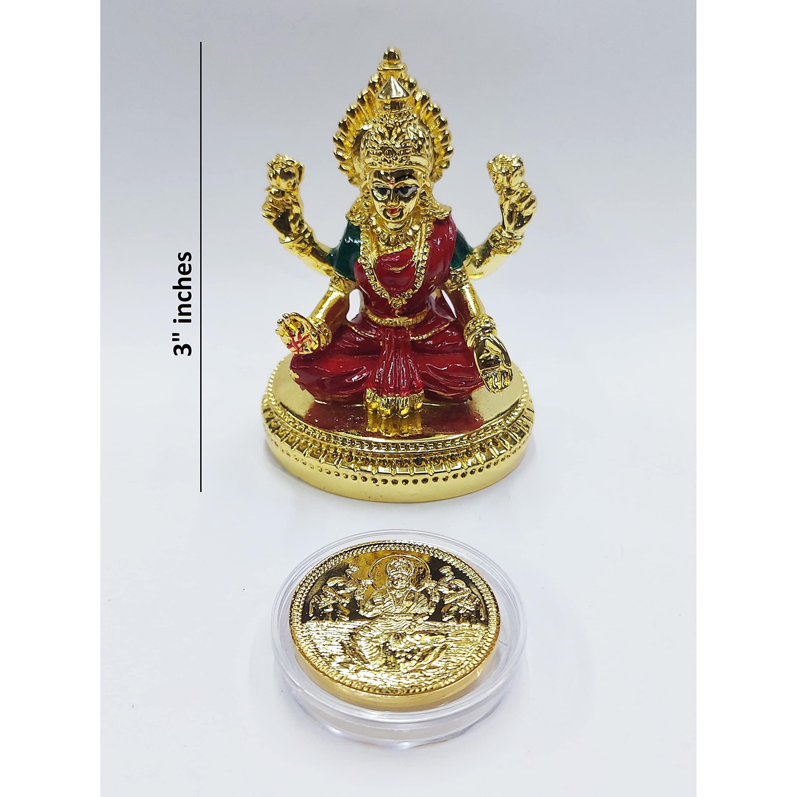 Gold Art India Laxmi ji IGold Plated Idol in red Enamel Color Work with Gold Plated Coin | for Diwali | Laxmi poojan | Diwali Pooja | Gifting (New Round Base laxmi Gold)