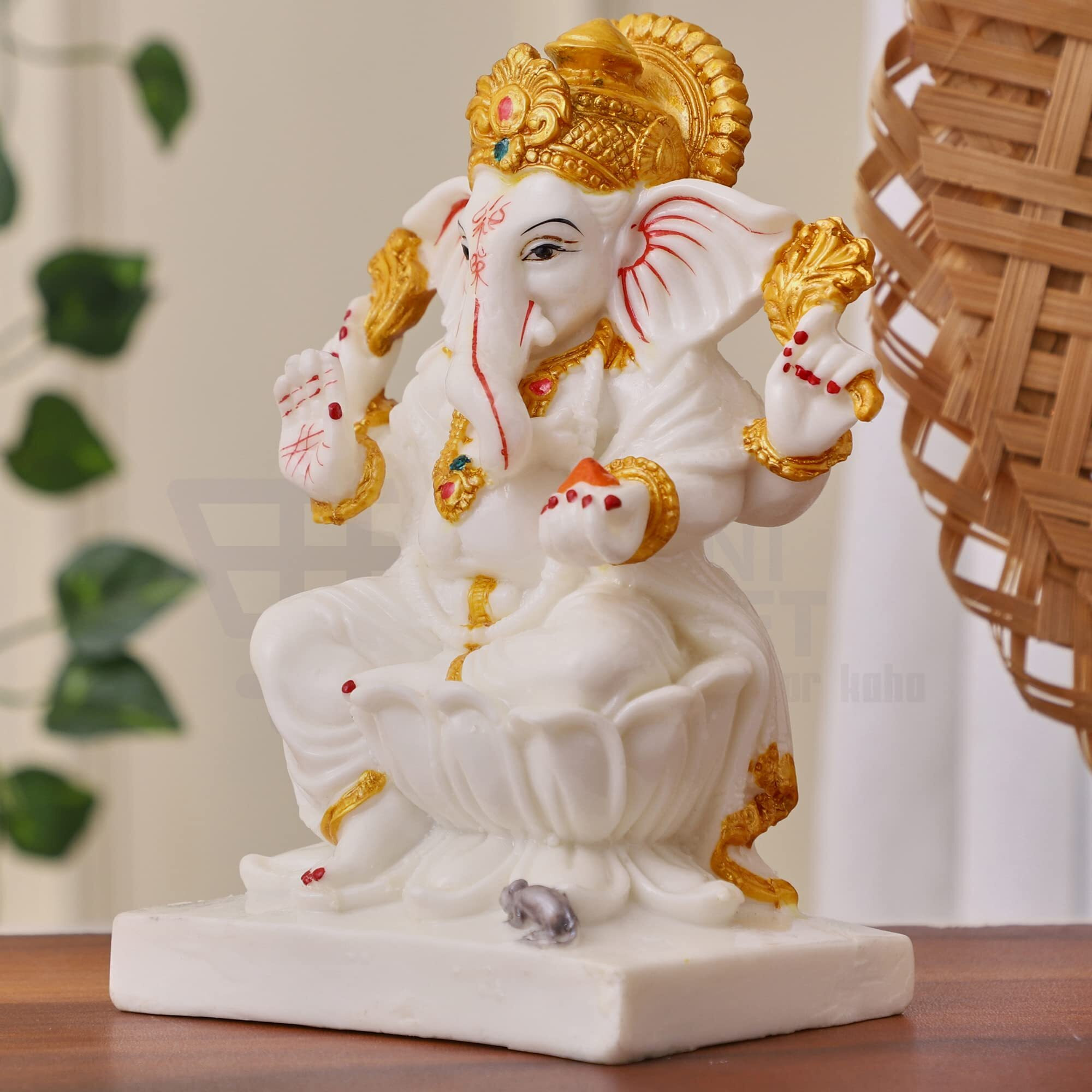 APNIMARKET Marble Ganesh Idol | Vinayaka Statue | Ganpati Murti | Ganesha Idol for Home Decor | Ganpati Idol for Diwali Decorations Anniversary - 7 White Kamal